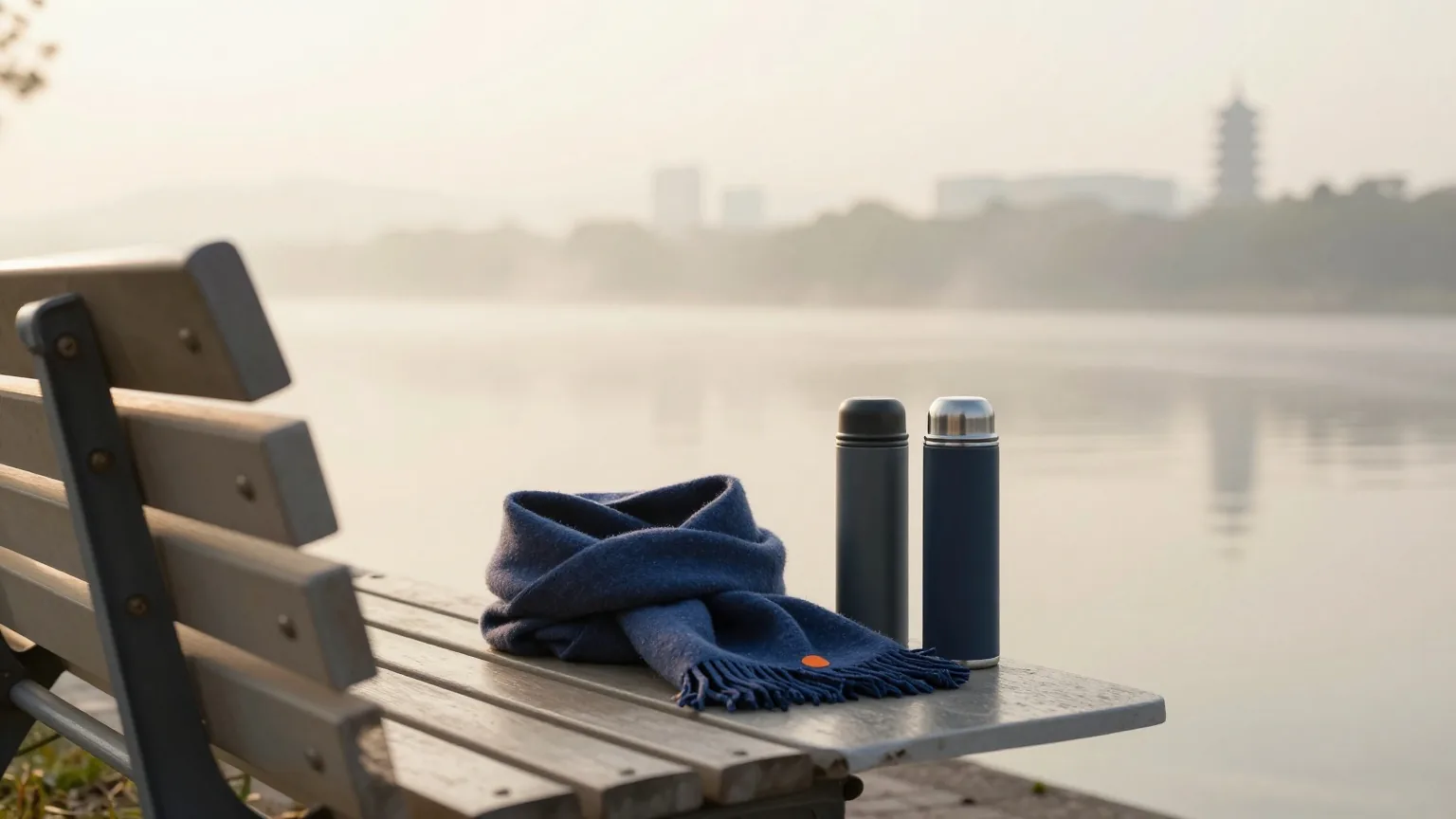 Bank an einer ruhigen Flusspromenade im Morgengrauen mit Wollschal und Thermoskanne, Nebel über dem Wasser und Türme in der Ferne