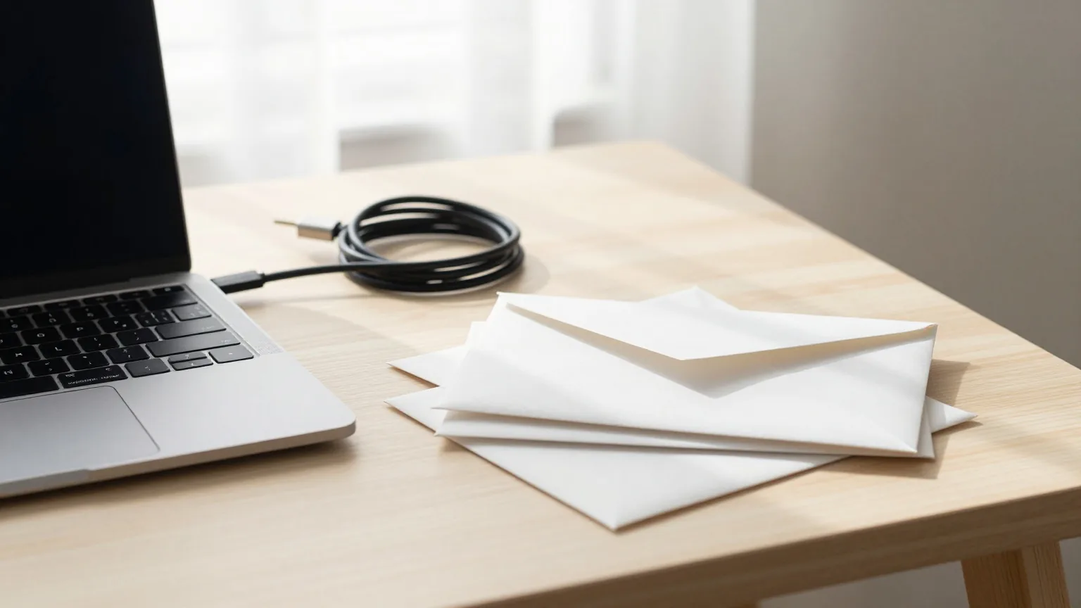 Aufgeräumte Arbeitsecke mit zugeklapptem Laptop, aufgerolltem Ladekabel und einem Stapel weißer Umschläge auf einem Birkenholztisch im Nachmittagslicht