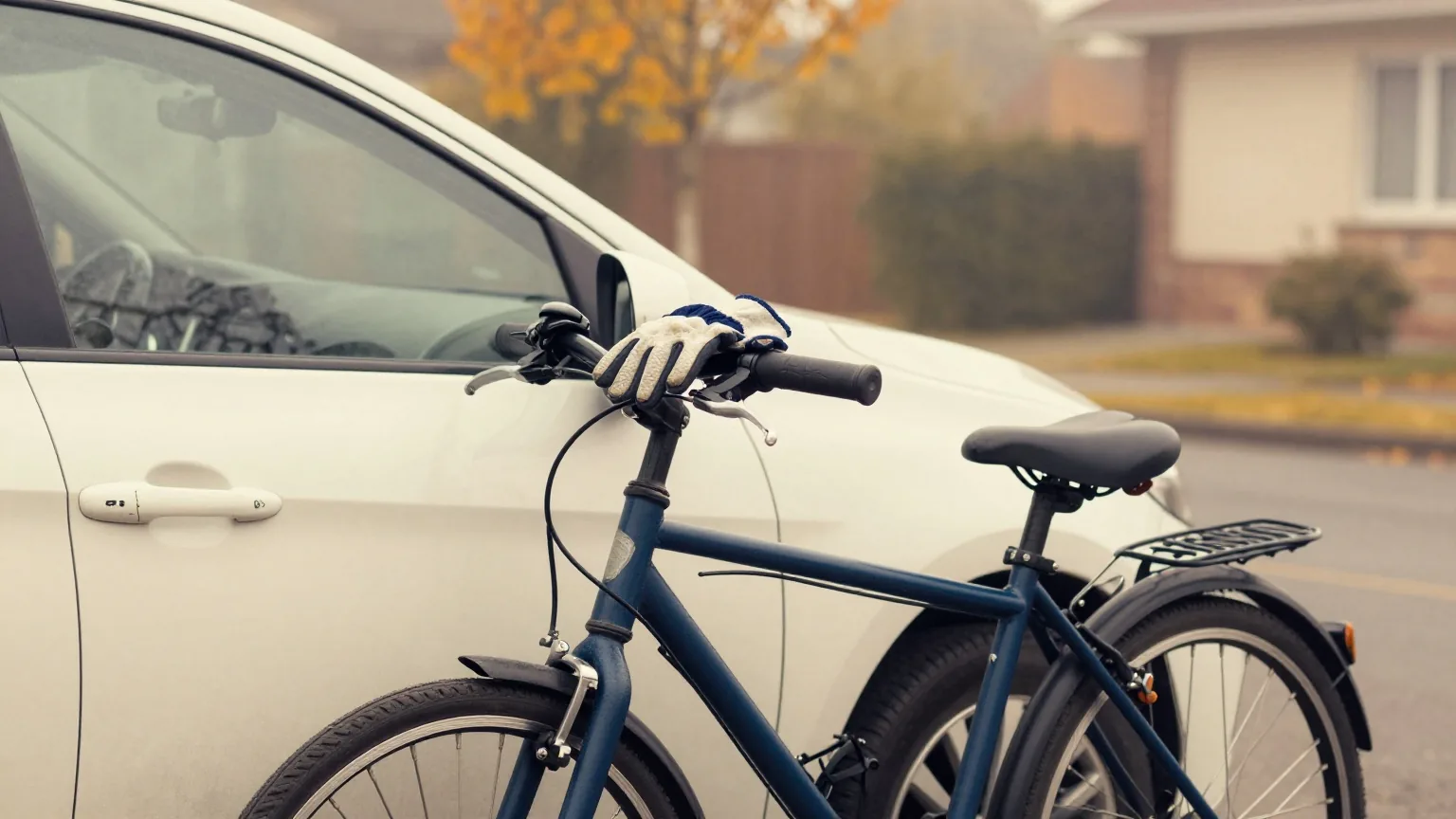 Fahrrad an einem geparkten Auto unter einem Carport an einem nebligen Herbstmorgen, Arbeitshandschuhe auf dem Autodach