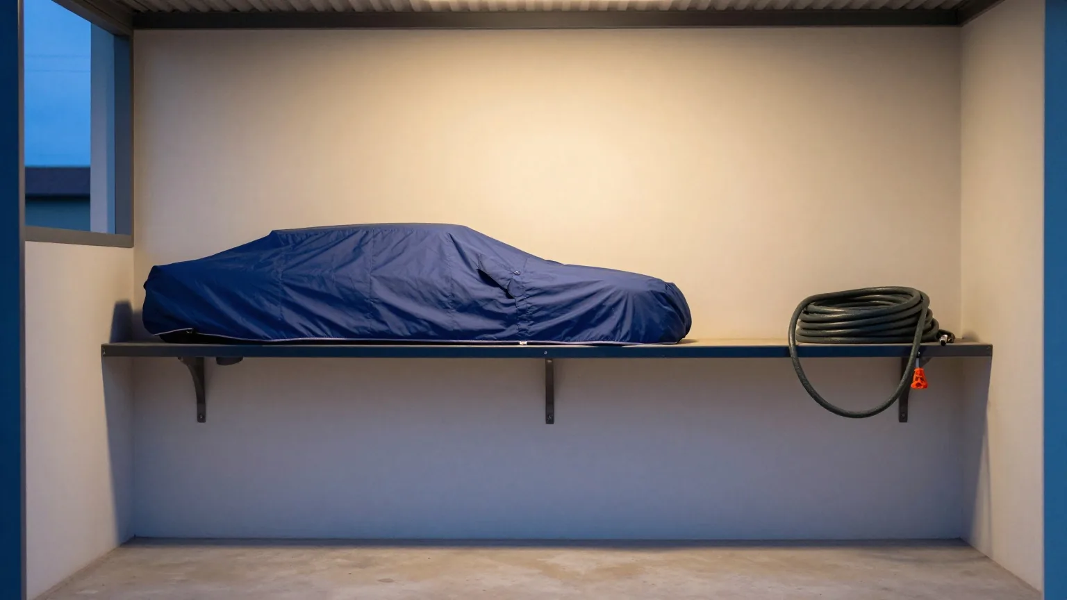 Leerer Carport in der Dämmerung, auf einem Wandregal eine zusammengelegte Autoabdeckung, daneben ein aufgerollter Gartenschlauch