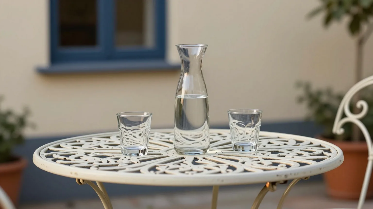 Schmiedeeiserner Gartentisch mit einer Glaskaraffe Wasser und zwei leeren Gläsern in einem ruhigen Innenhof, Abendlicht im Spätsommer