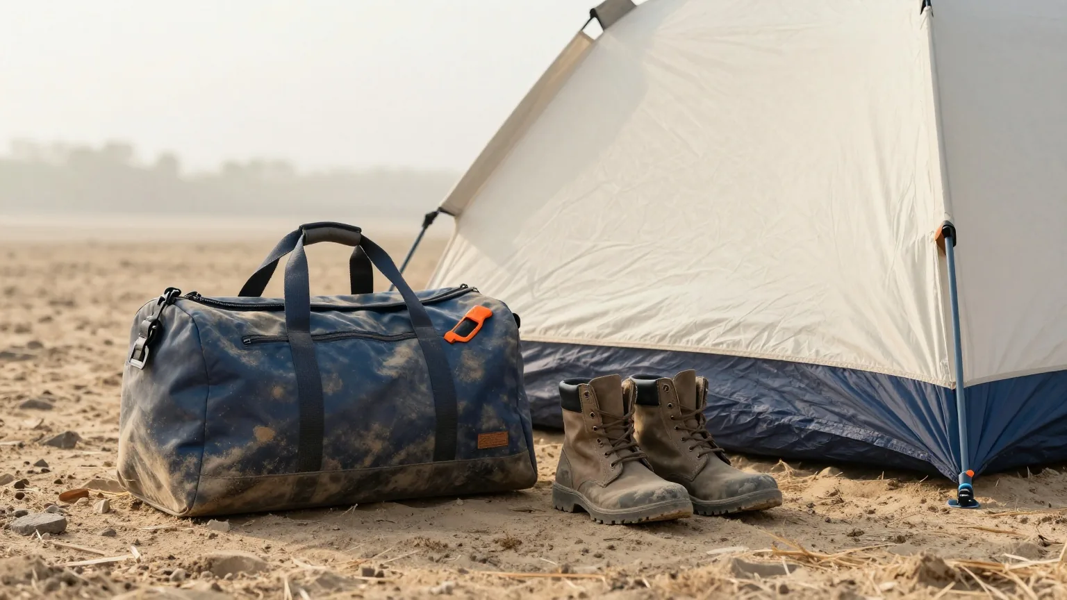 Staubige Reisetasche und feste Stiefel neben einem zusammengelegten Zelt auf trockenem Sandboden im diesigen Morgenlicht