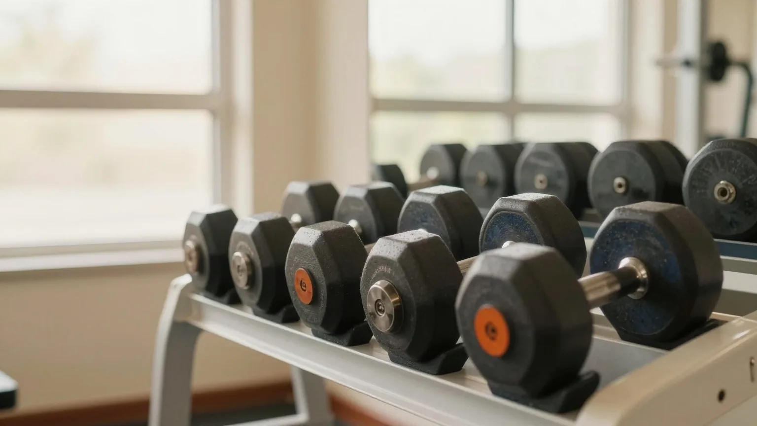 Reihe von Hanteln auf einem Ständer in einem hellen Fitnessstudio mit großen Fenstern im warmen Nachmittagslicht