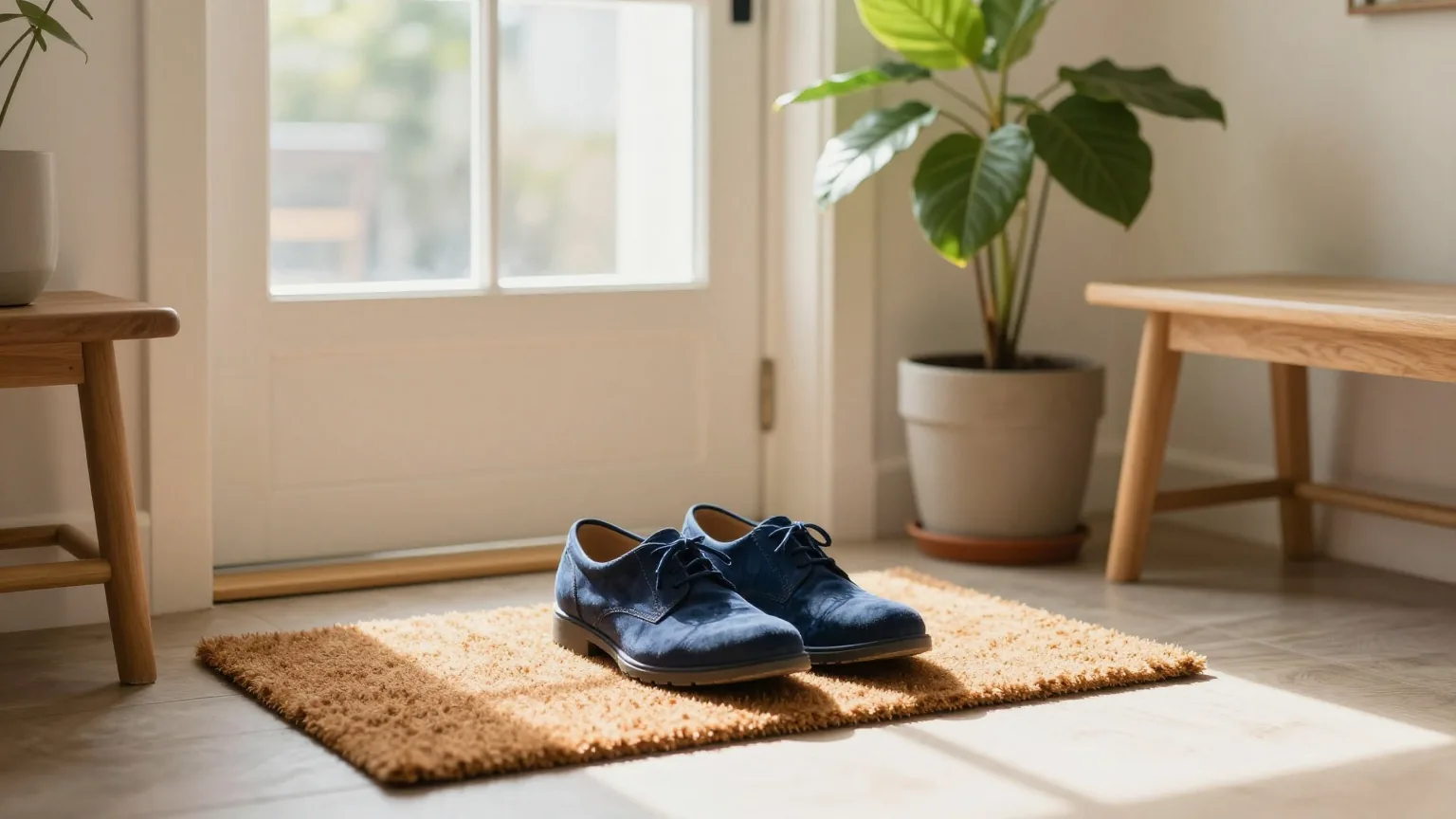 Ein Paar Schuhe auf der Fußmatte und eine große Topfpflanze neben einer Holzbank im sonnigen Eingangsbereich eines Wohnhauses