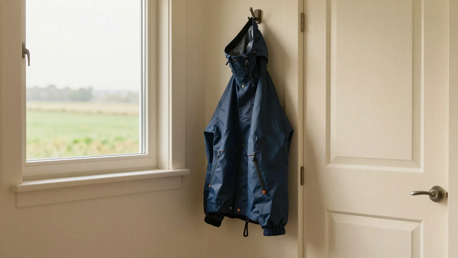 Hundeleine und gefaltete Regenjacke am Haken neben einer Holzhaustür, durch ein kleines Fenster flaches grünes Land im Morgenlicht
