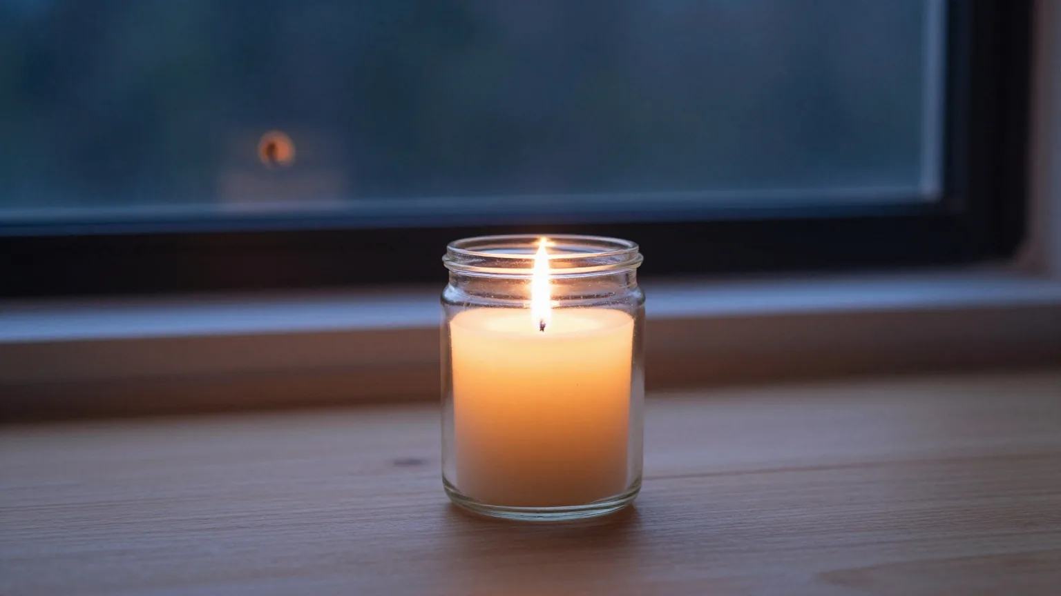 Einzelne brennende Kerze in einem Glas auf einem Holztisch an einem dunklen Fenster in der Dämmerung, weicher warmer Schein