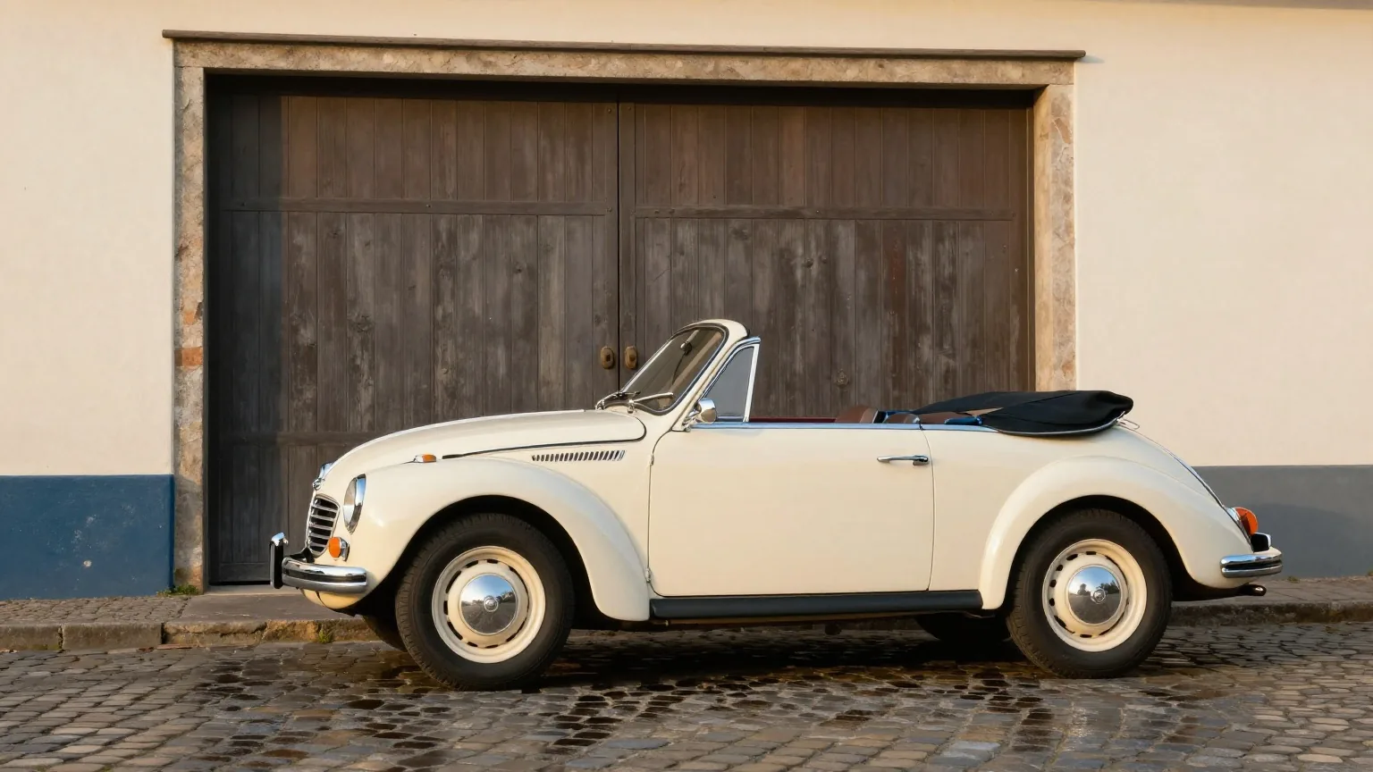 Oldtimer-Cabrio auf nassem Kopfsteinpflaster vor einem alten hölzernen Garagentor in warmer Nachmittagssonne