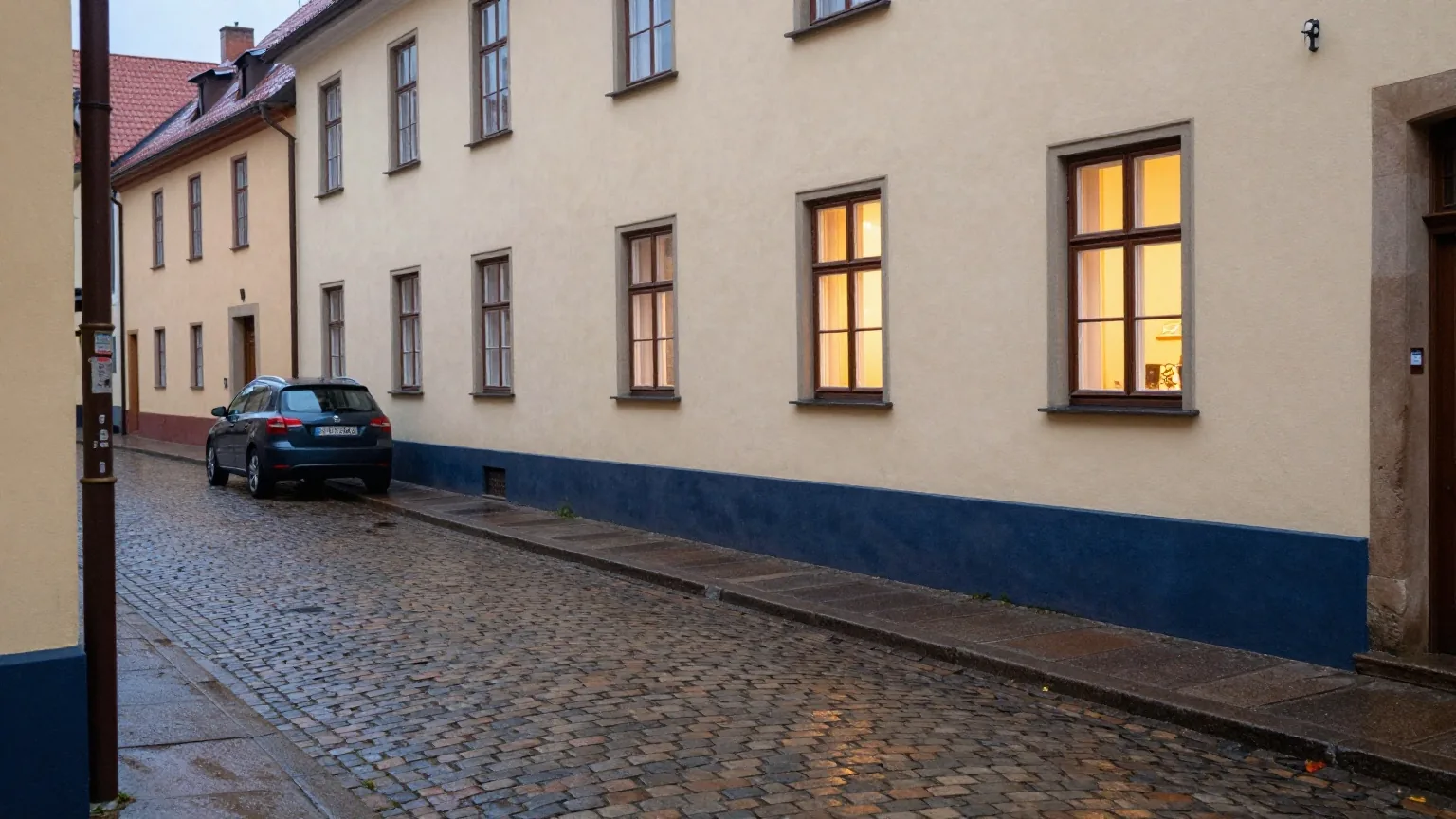 Regennasse Kopfsteinpflasterstraße in einer Altstadt in der Dämmerung, ein geparktes Auto und warmes Licht aus einem Eckfenster