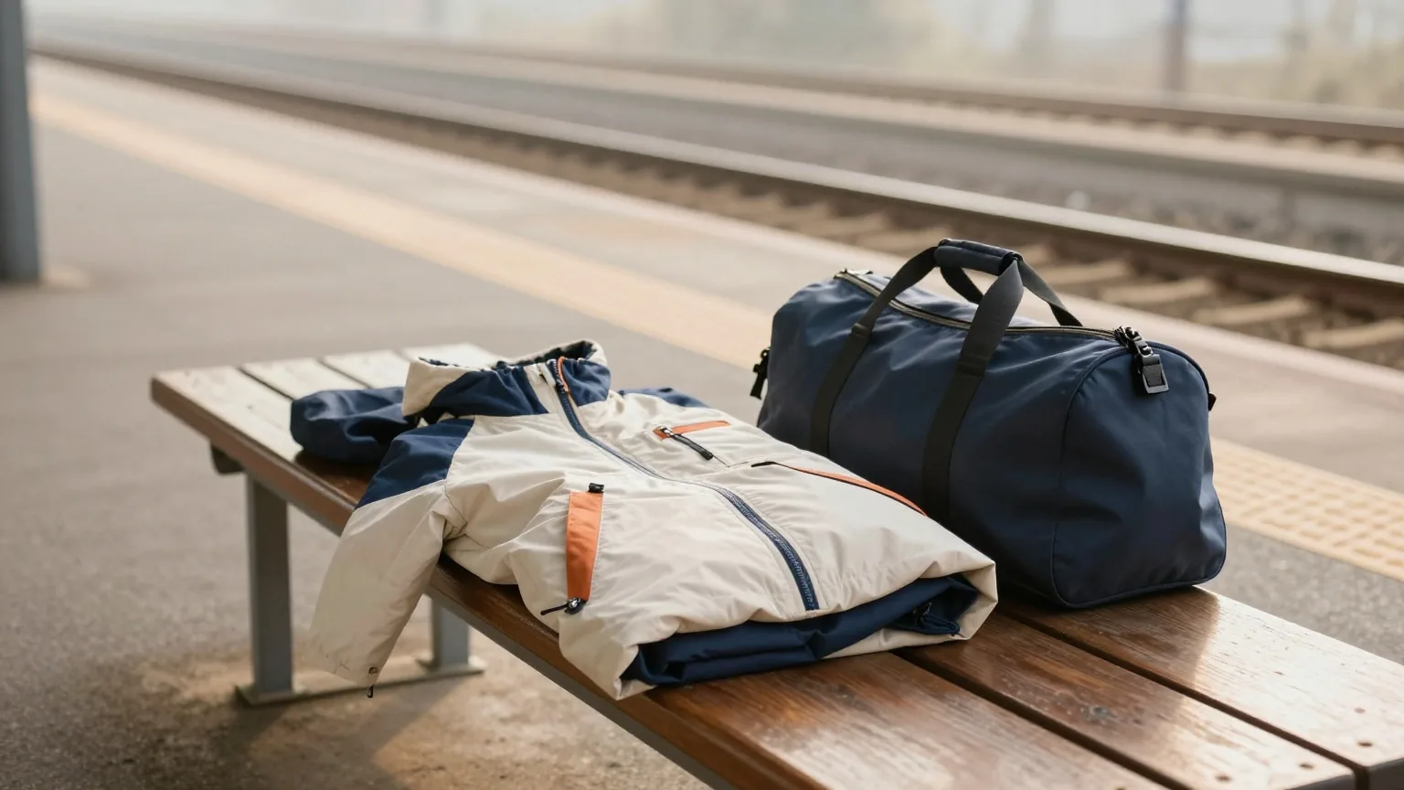 Zusammengelegte Reisejacke und kleine Reisetasche auf einer Holzbank an einem leeren Bahnsteig im weichen Morgenlicht, Gleise im leichten Dunst