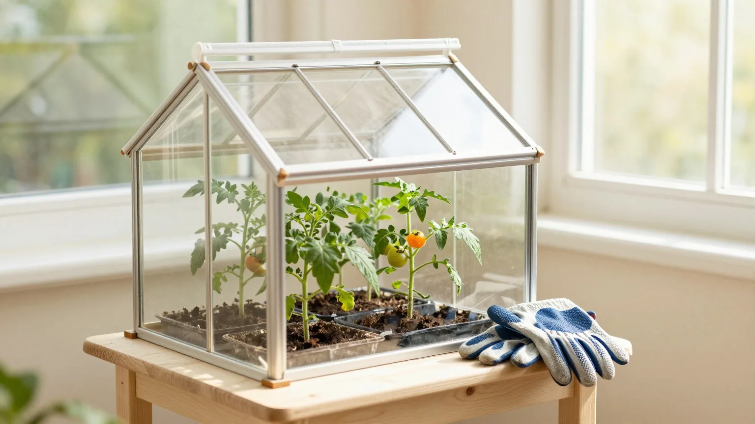 Kleines Gewächshaus mit Tomatenpflanzen in einem Reihenhausgarten, Gartenhandschuhe auf dem Pflanztisch in milder Morgensonne