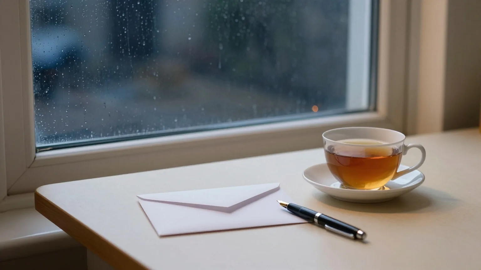 Küchentisch an einem regennassen Fenster in der Dämmerung, darauf ein weißer Umschlag, ein Füller und eine Tasse Tee im warmen Lampenlicht