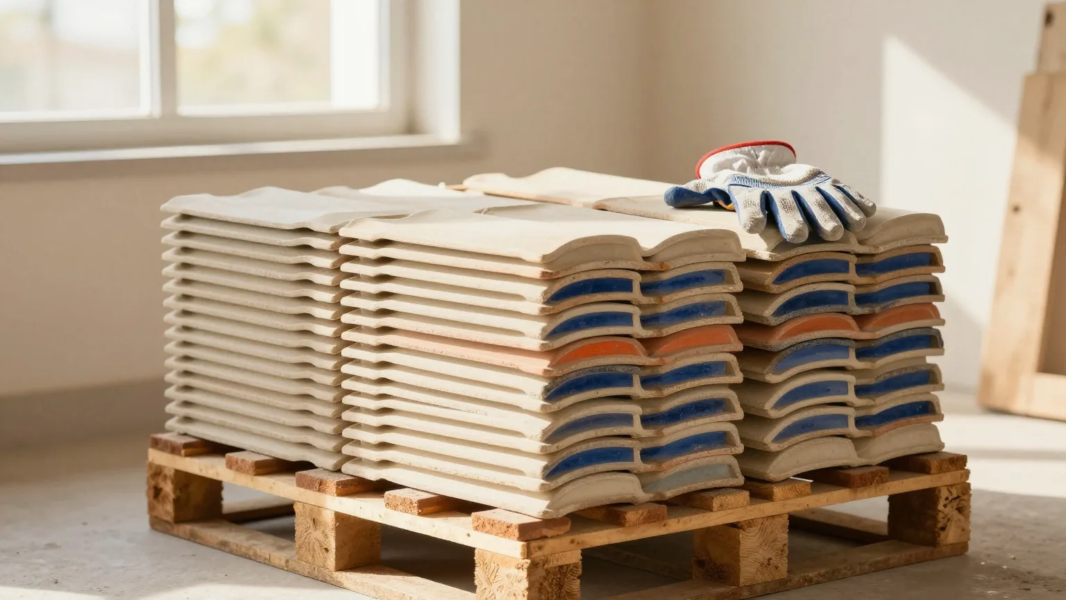 Stapel neuer Dachziegel auf einer Holzpalette neben Arbeitshandschuhen im warmen Nachmittagslicht einer ruhigen Baustelle