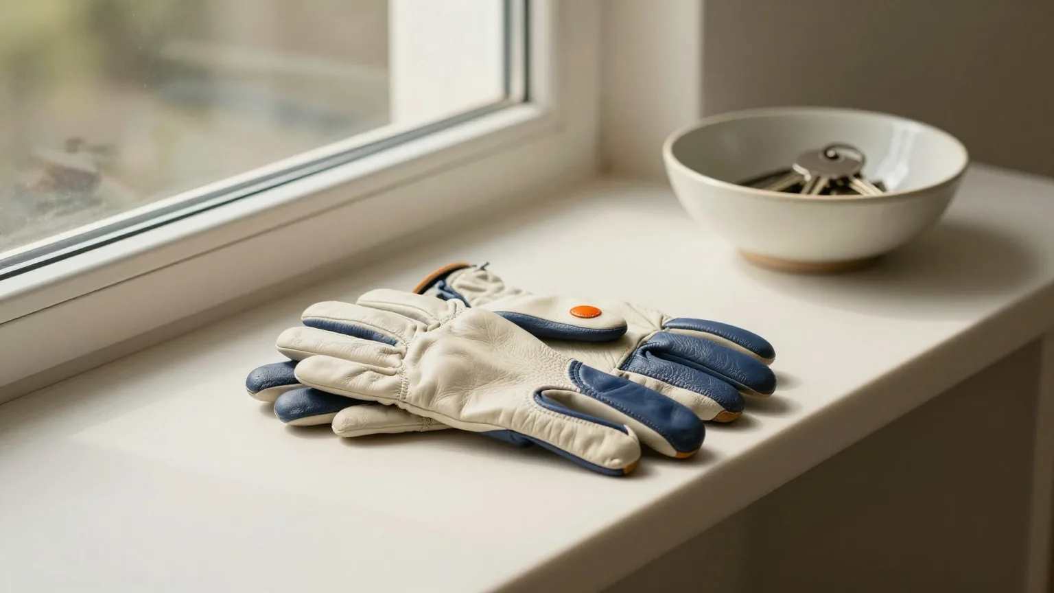 Ein Paar Lederhandschuhe auf einer Flurkommode neben einer Keramikschale mit Schlüsseln, Abendlicht fällt durchs Fenster