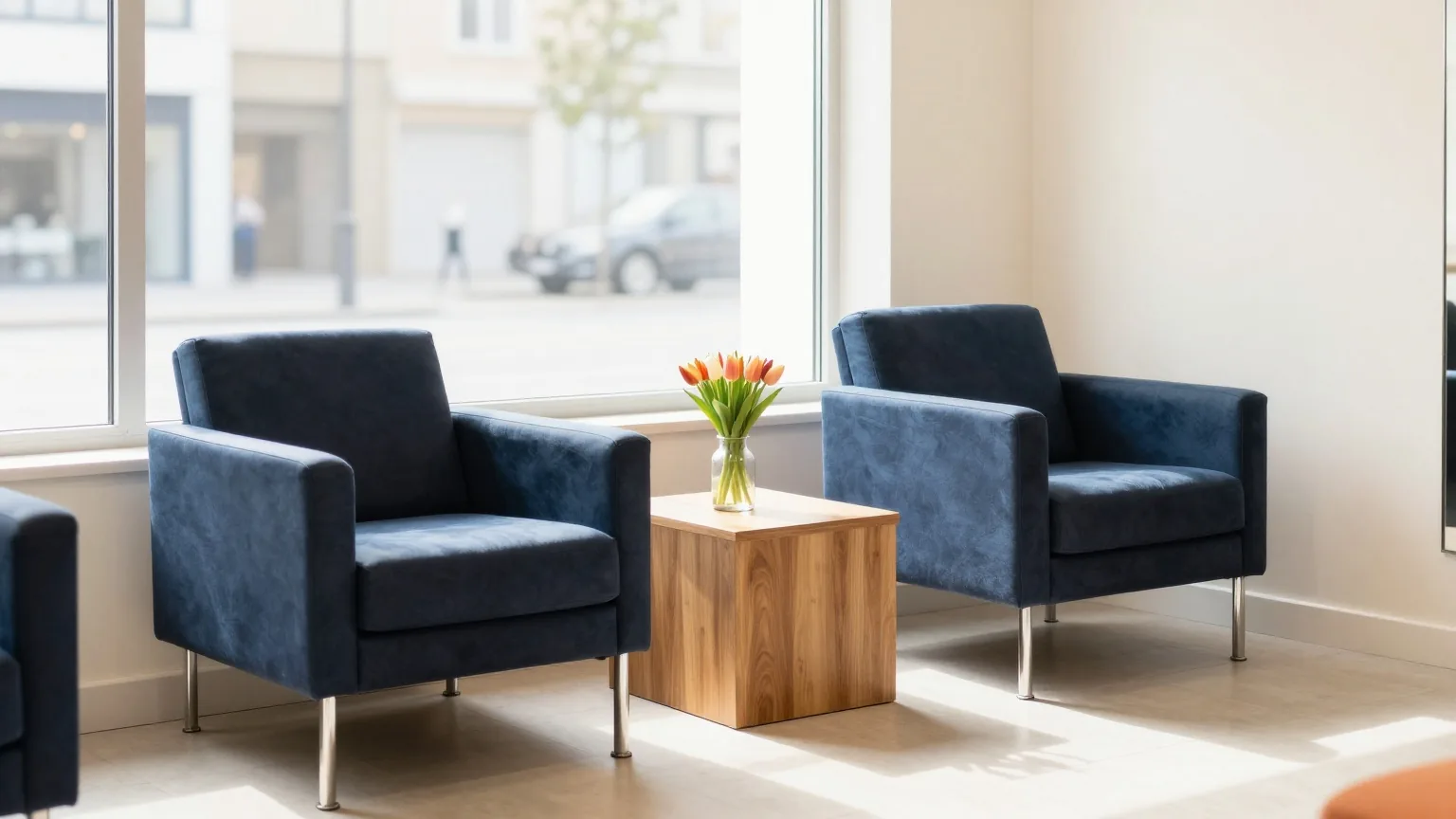 Zwei leere Sessel und ein niedriger Holztisch mit einer kleinen Tulpenvase in der Wartezone eines Friseurs, helles Nachmittagslicht am Schaufenster