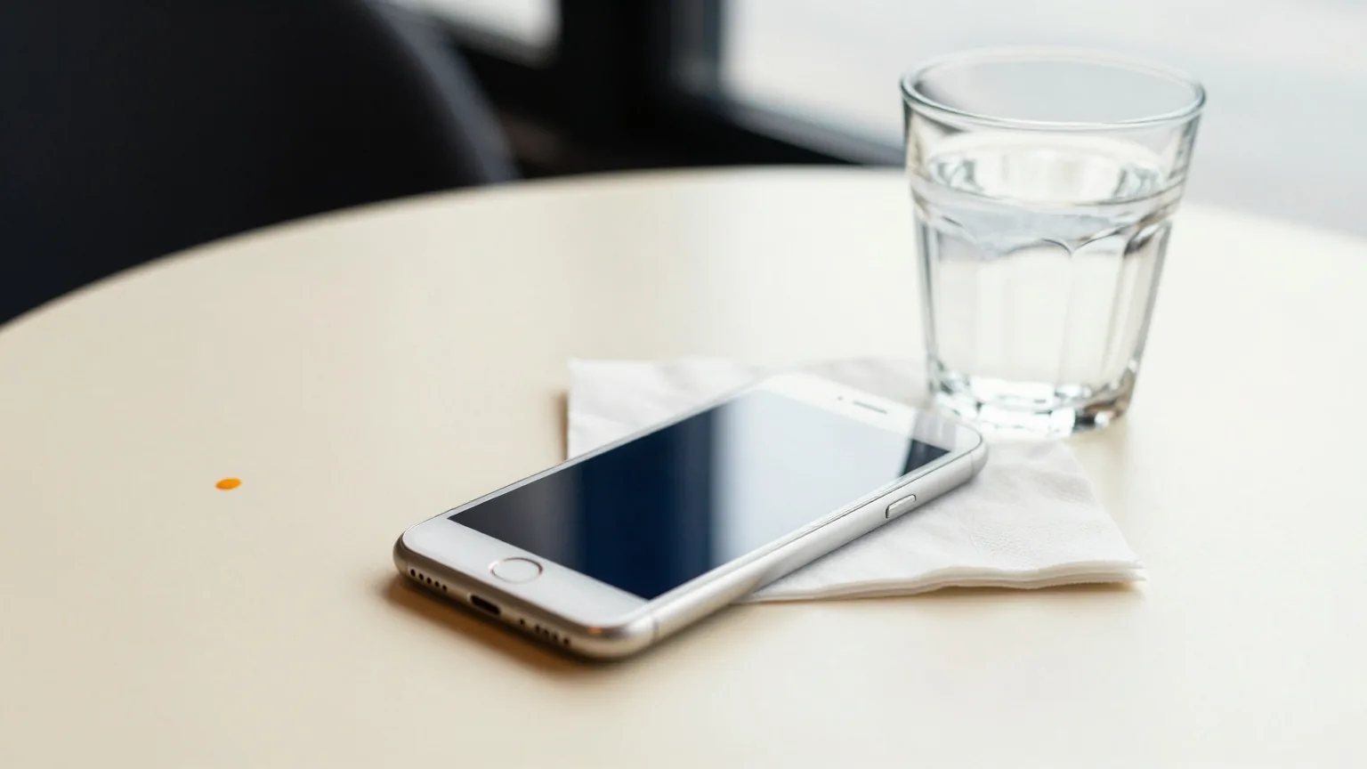 Smartphone mit dem Display nach unten auf einem Cafétisch neben einem Wasserglas und einer Papierserviette, Mittagslicht, Blick von oben