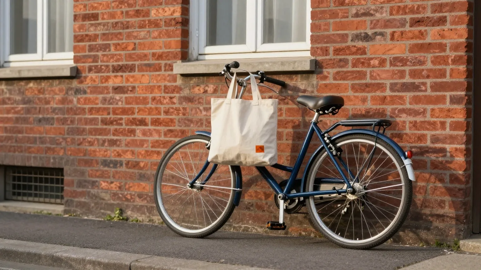 Fahrrad an einer roten Backsteinwand in einer ruhigen Wohnstraße in der Nachmittagssonne, am Lenker hängt eine Stofftasche