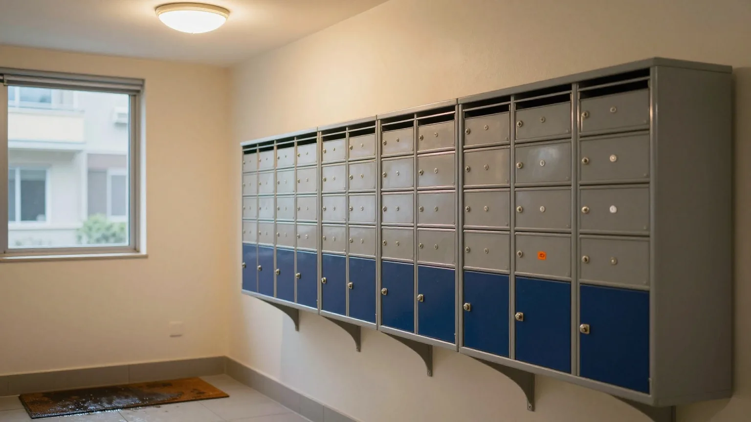 Reihe metallener Briefkästen im Eingangsbereich eines Mehrfamilienhauses am späten Abend, warmes Licht einer Deckenlampe und eine nasse Fußmatte