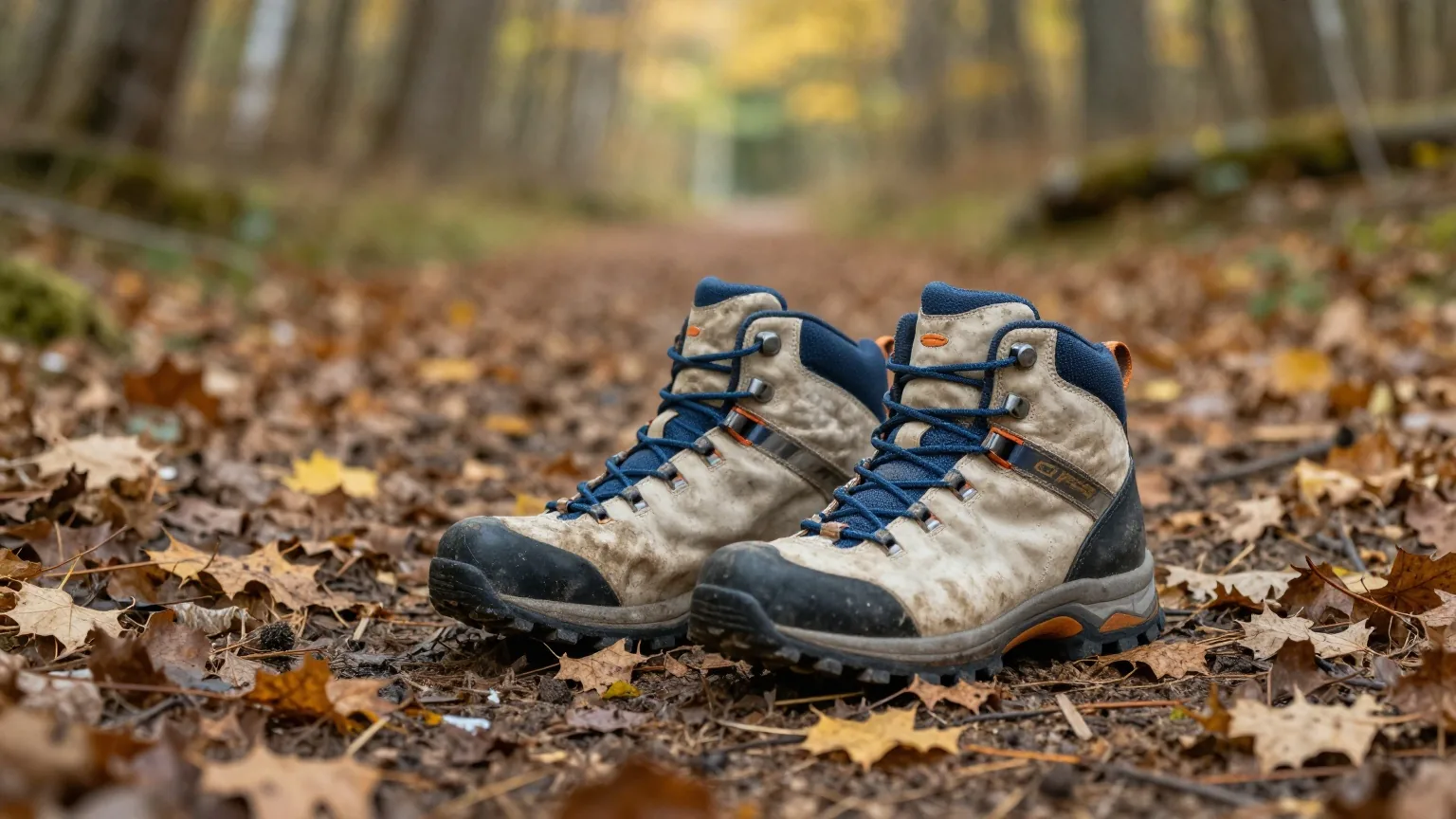 Abgetragene Wanderschuhe auf einem Waldweg voller Herbstlaub im weichen, tiefen Sonnenlicht zwischen den Bäumen