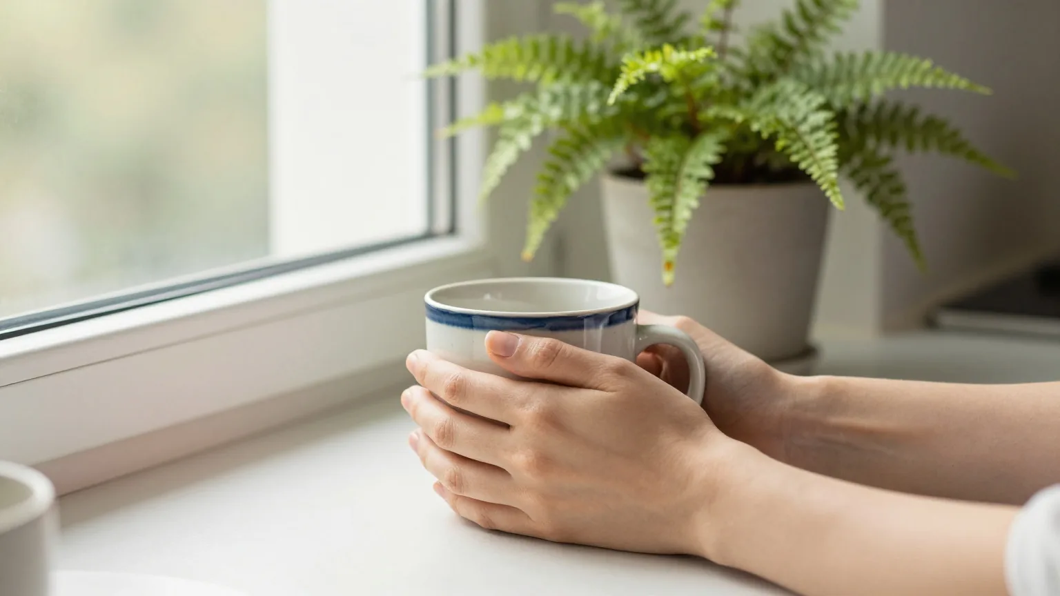 Hände um eine Keramiktasse neben einem Farn im Topf auf einer Küchenfensterbank im weichen Morgenlicht