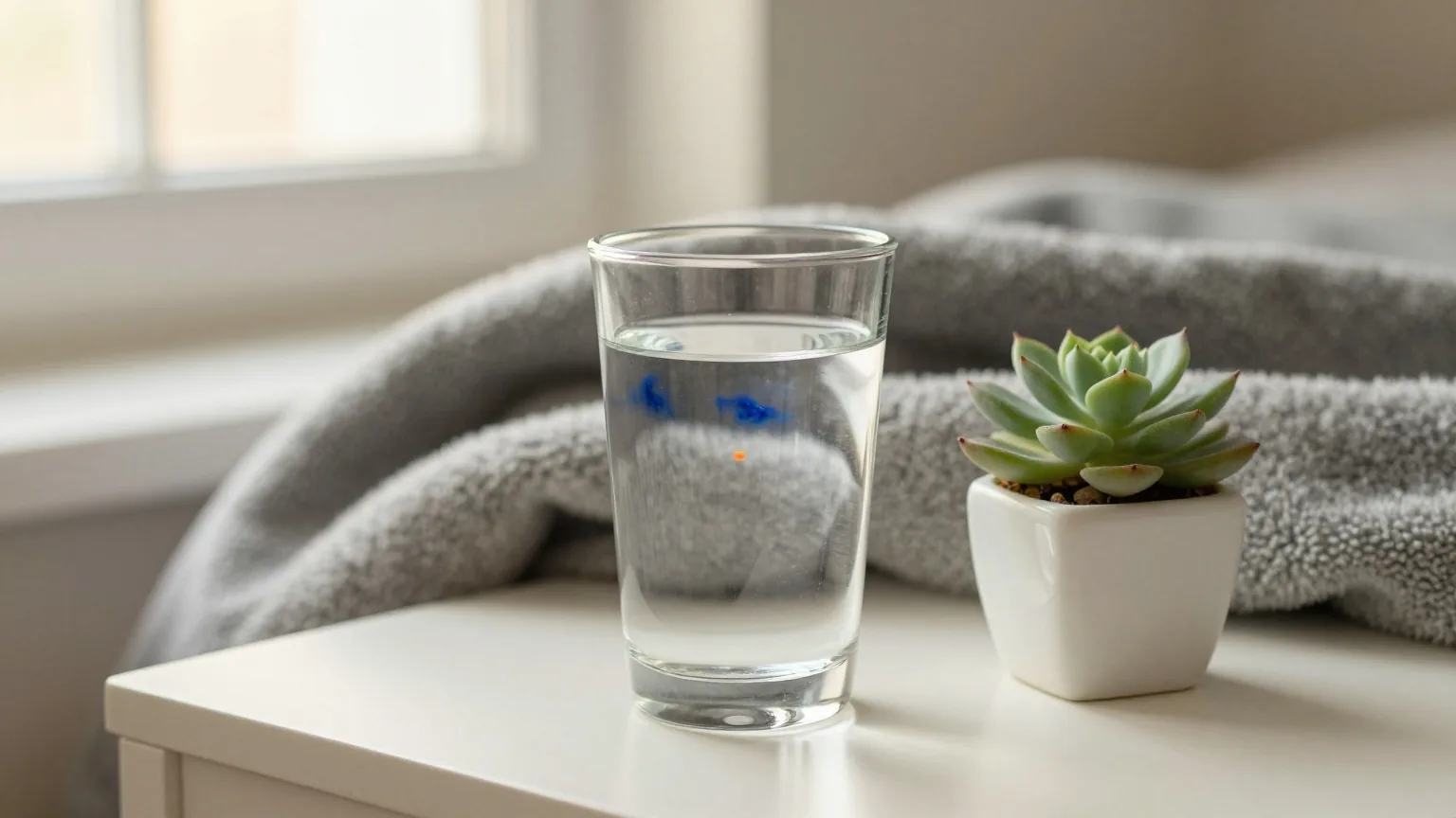 Ein Glas Wasser und eine kleine Sukkulente auf einem Nachttisch im Morgengrauen, dahinter eine graue Decke in weichem Fokus