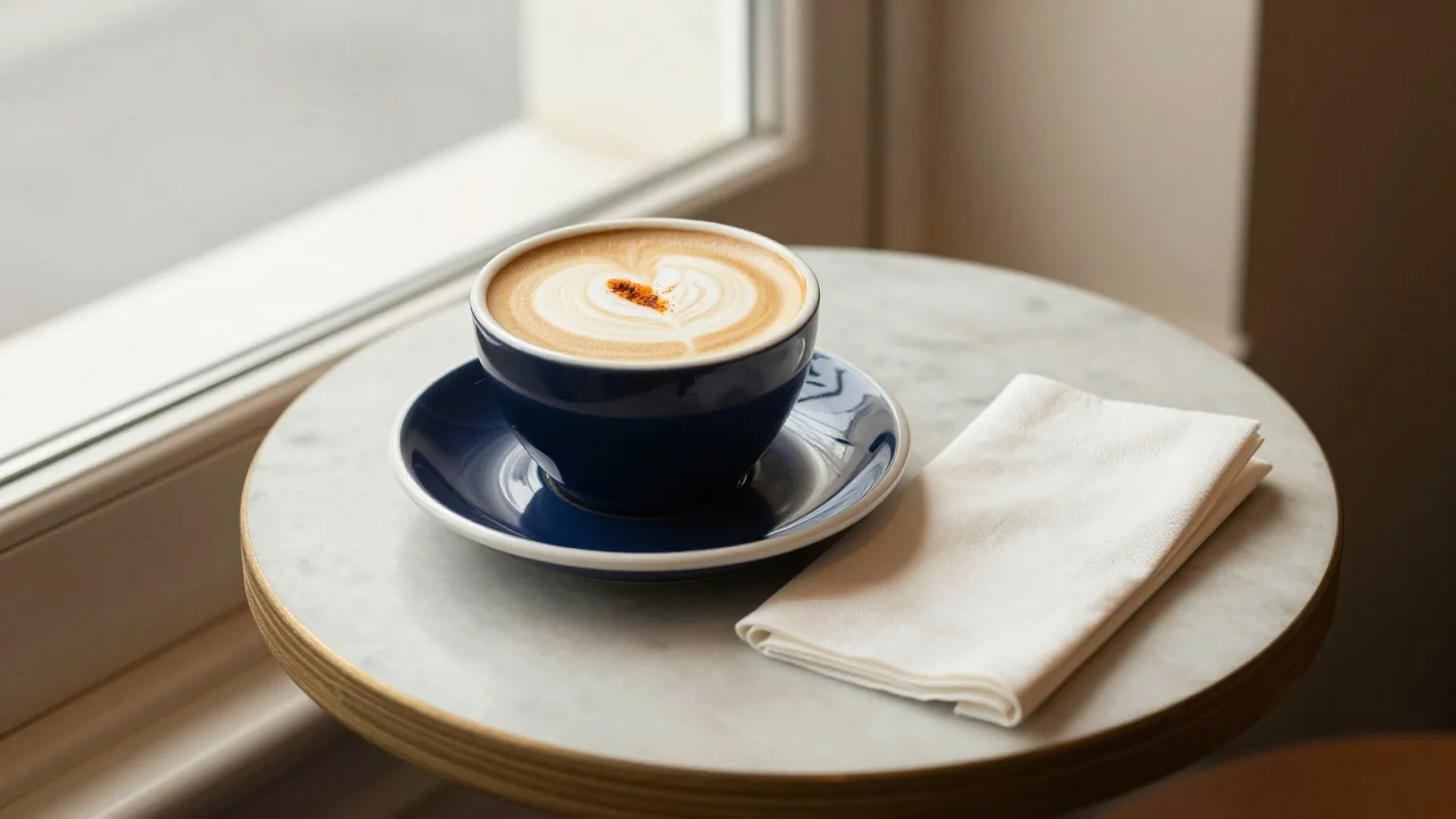 Tasse Cappuccino und gefaltete Stoffserviette auf einem kleinen Café-Tisch am Fenster im Licht des Vormittags