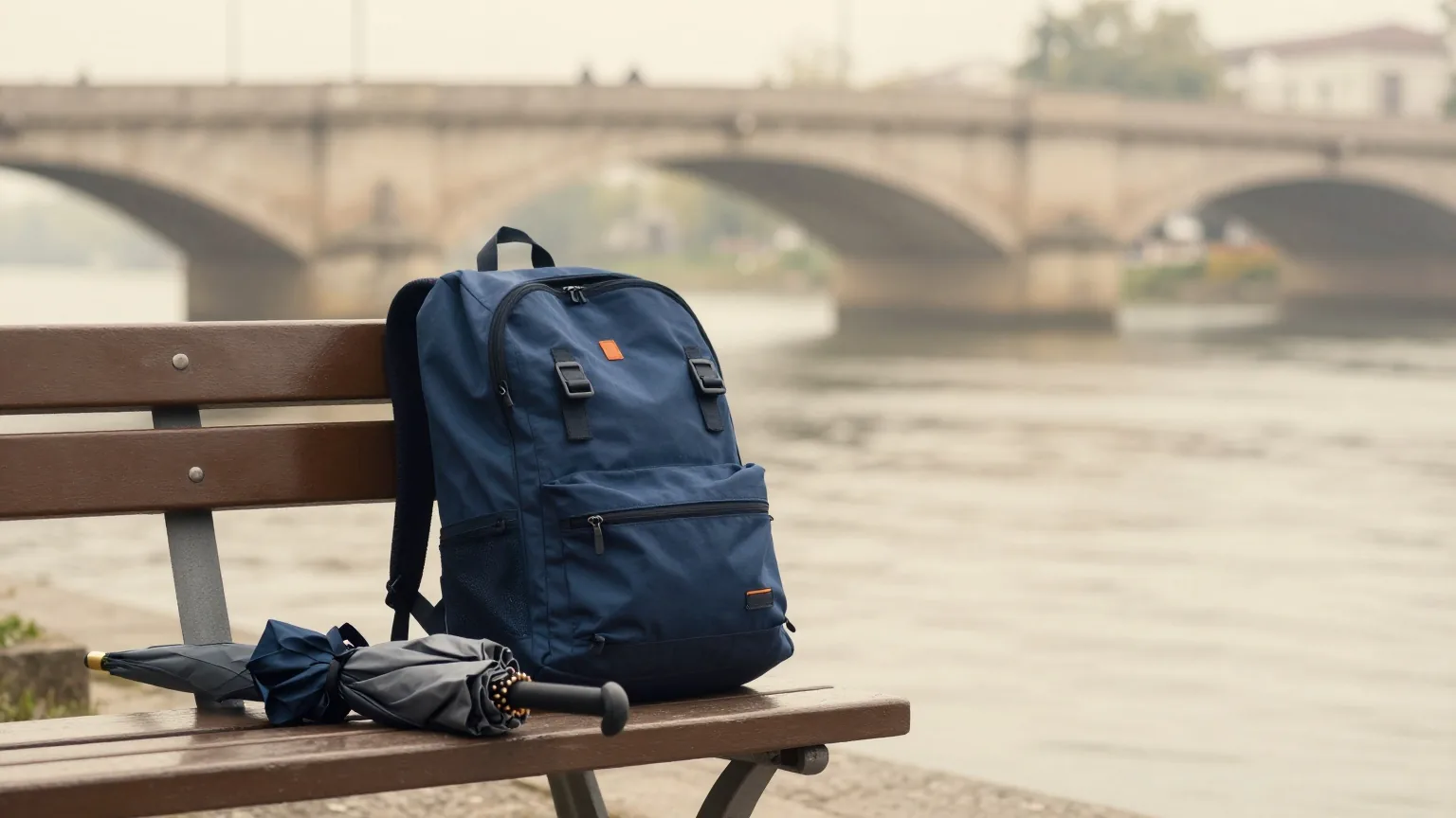 Rucksack und zusammengeklappter Regenschirm auf einer Holzbank an einer Flusspromenade im Morgengrauen, im Hintergrund eine alte Steinbrücke