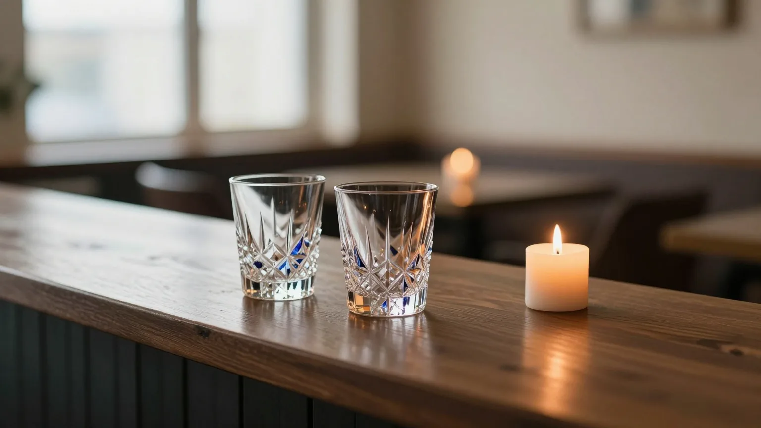 Zwei Kristallgläser und eine brennende Kerze auf dunklem Holztresen in einer ruhigen Lounge, geringe Schärfentiefe