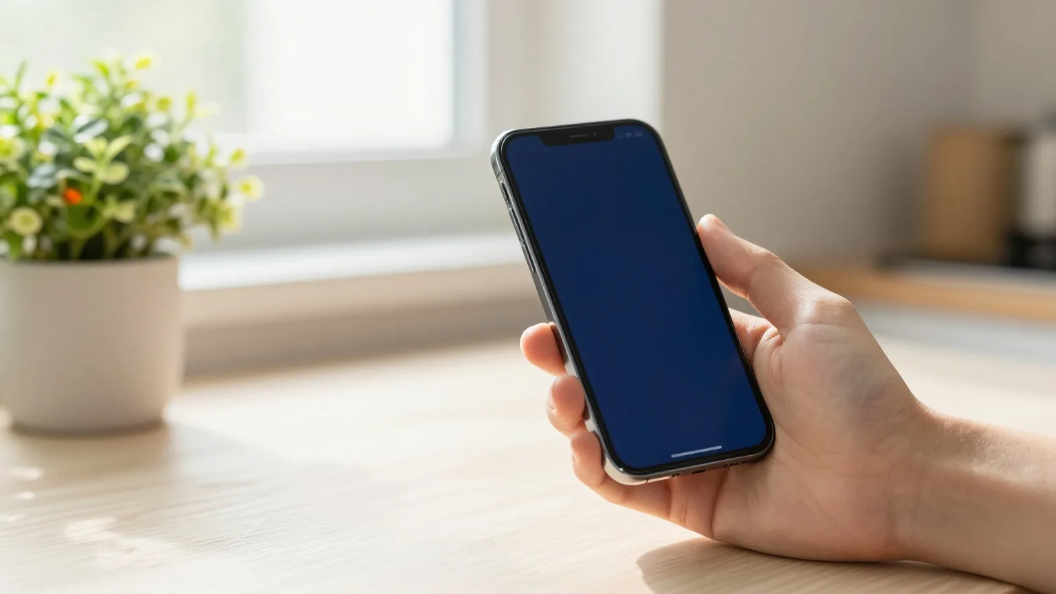 Hand hält ein Smartphone mit ausgeschaltetem Display über einem Küchentisch mit Topfpflanze, helles Mittagslicht