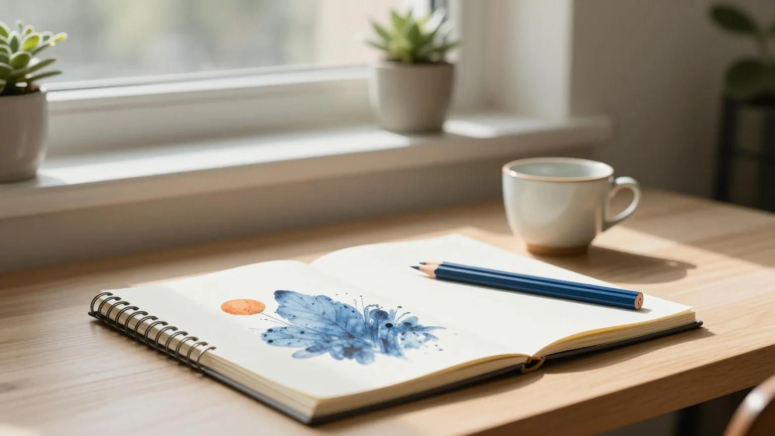 Sonniger Schreibtisch mit Skizzenbuch, Buntstiften und einer kleinen Keramiktasse, dahinter eine Pflanze auf dem Fensterbrett
