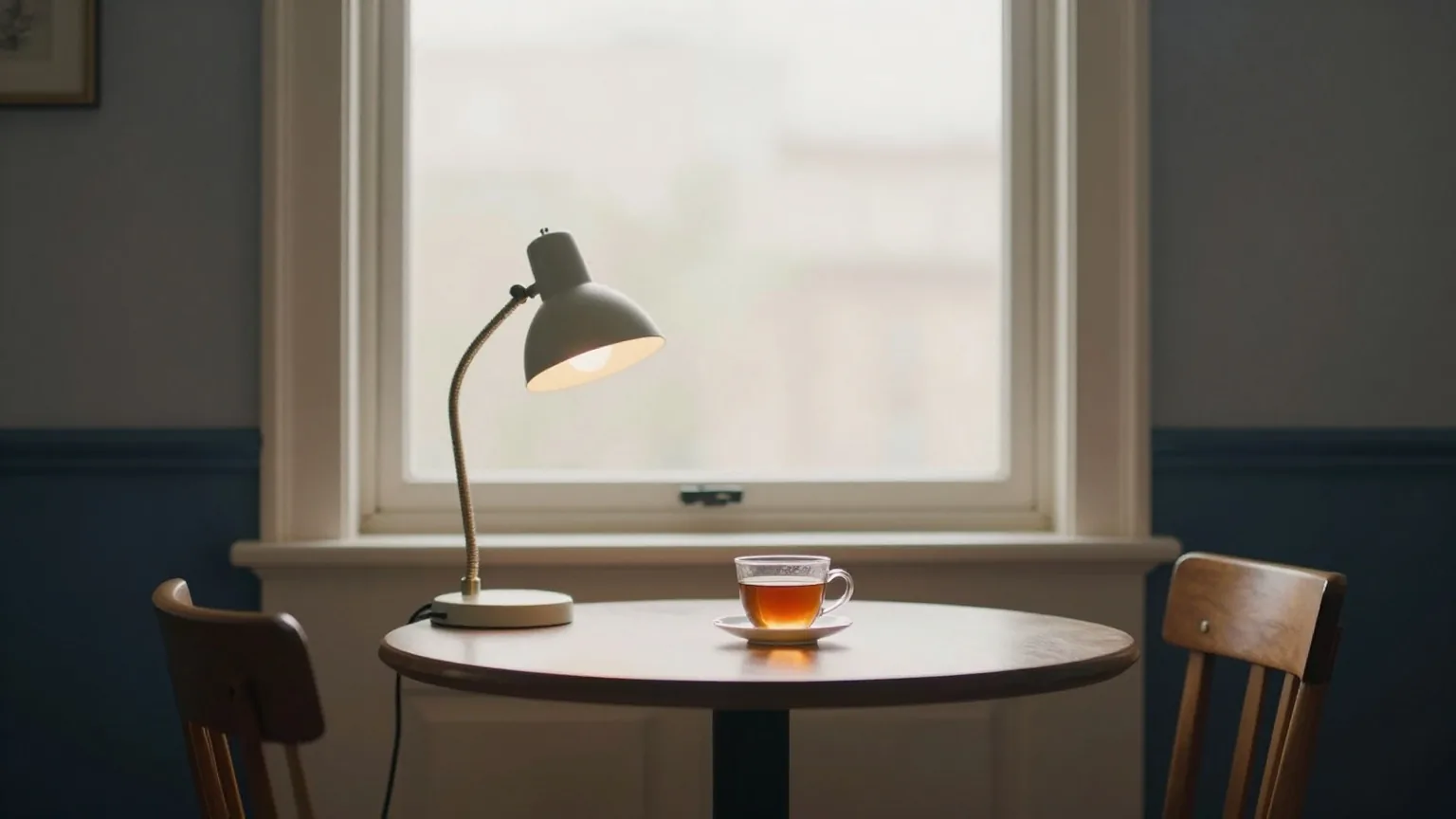 Stiller Lesesaal einer kleinen Bibliothek mit einem Holzstuhl und einem Stapel Bücher auf einem runden Tisch, weiches Tageslicht aus einem hohen Fenster