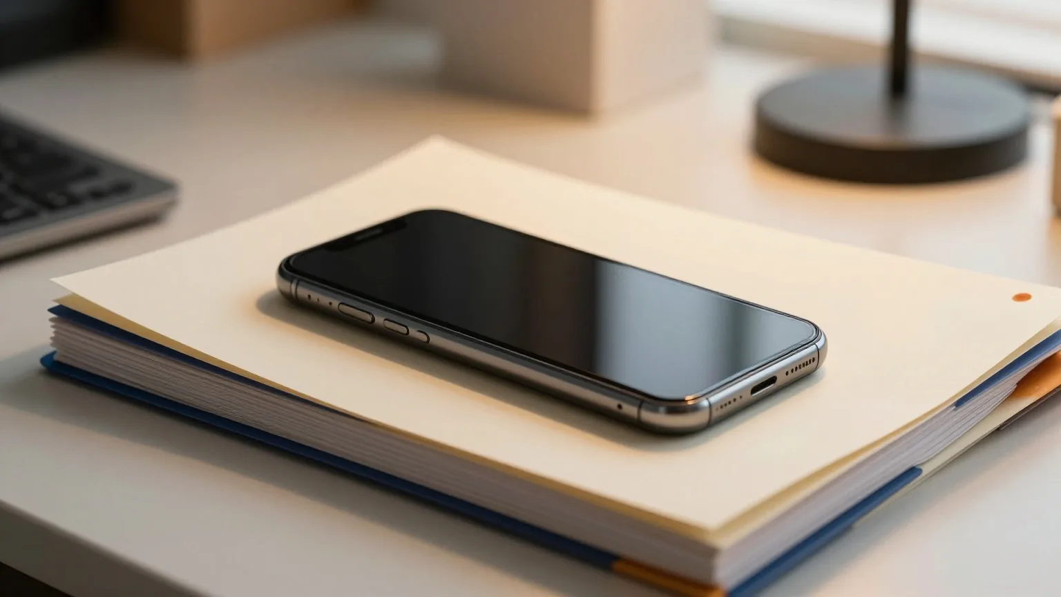 Ausgeschaltetes Smartphone auf einem Stapel geschlossener Aktenmappen auf einem Schreibtisch im warmen Abendlicht