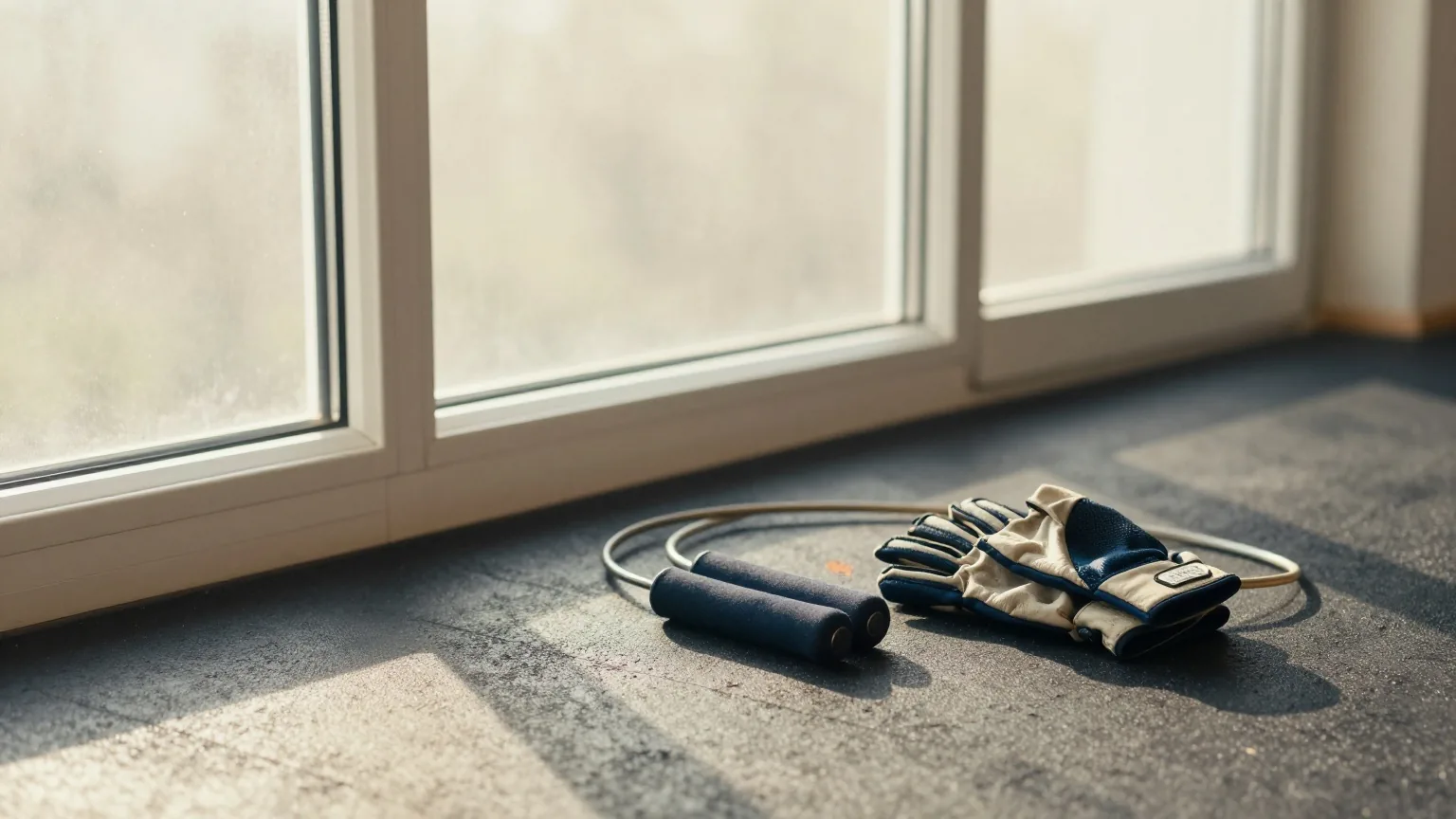 Springseil und abgenutzte Trainingshandschuhe auf dem Gummiboden eines Fitnessstudios am Fenster, Morgenlicht mit langen Schatten