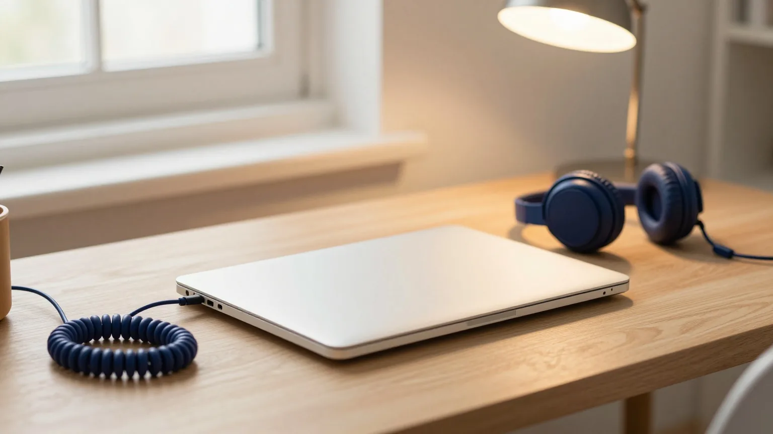 Geschlossener Laptop, ein aufgerolltes Kabel und ein Kopfhörer auf einem aufgeräumten Holzschreibtisch im warmen Licht einer Schreibtischlampe am Abend