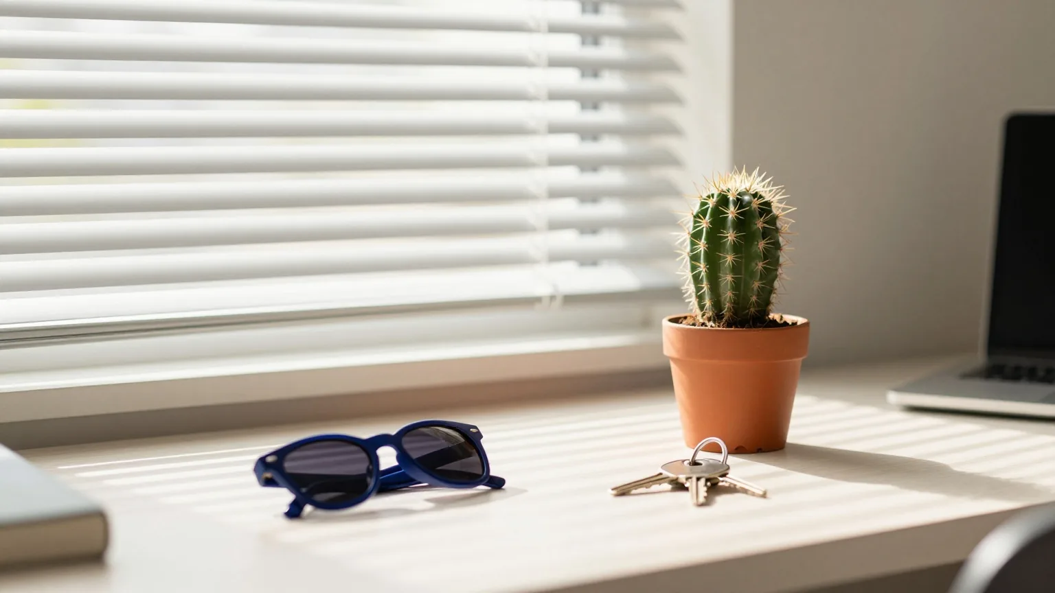 Kleiner Kaktus, zusammengeklappte Sonnenbrille und Schlüsselbund auf einem sonnigen Schreibtisch in einer WG, Licht durch halb geschlossene Jalousien