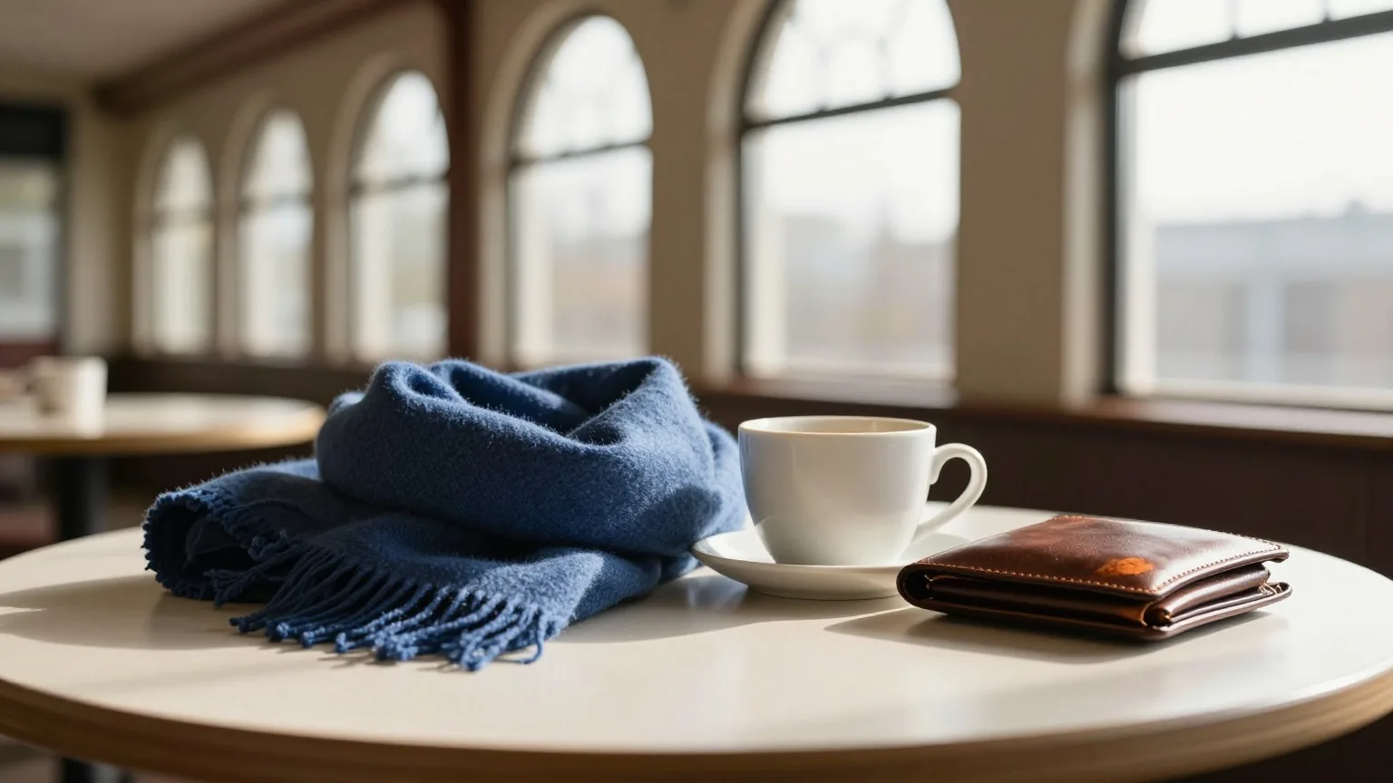 Tisch in einem Bahnhofscafé mit Keramiktasse, gefaltetem Wollschal und geschlossener Lederbörse im Nachmittagslicht hoher Bogenfenster