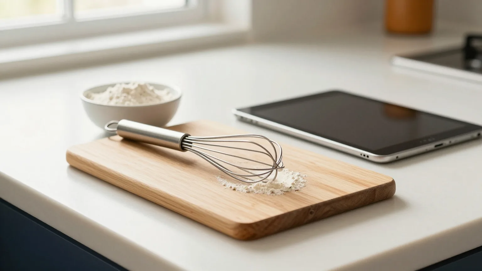 Holzbrett mit Schneebesen und einer kleinen Schüssel Mehl auf einem Küchentisch, daneben ein Tablet mit ausgeschaltetem Bildschirm im weichen Morgenlicht