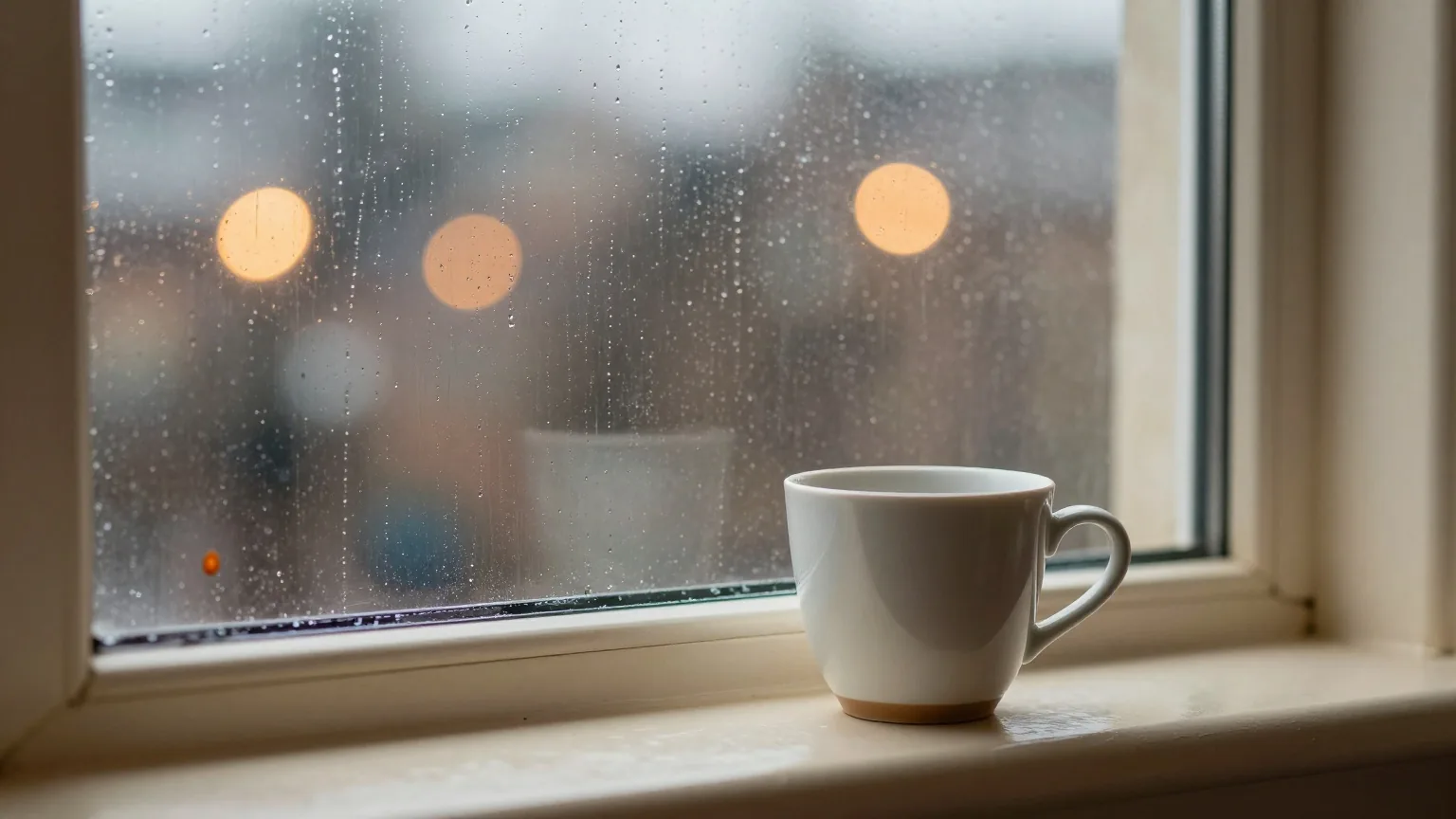 Regentropfen an einer Fensterscheibe, dahinter verschwommene warme Stadtlichter, Keramiktasse auf dem Fensterbrett am Abend