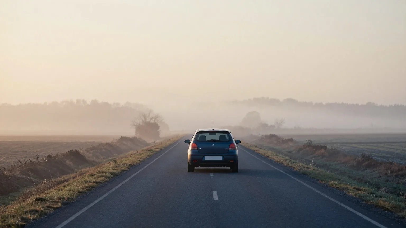 Kleinwagen von hinten auf einer leeren Landstraße im Morgengrauen, flacher Nebel über den Feldern zu beiden Seiten