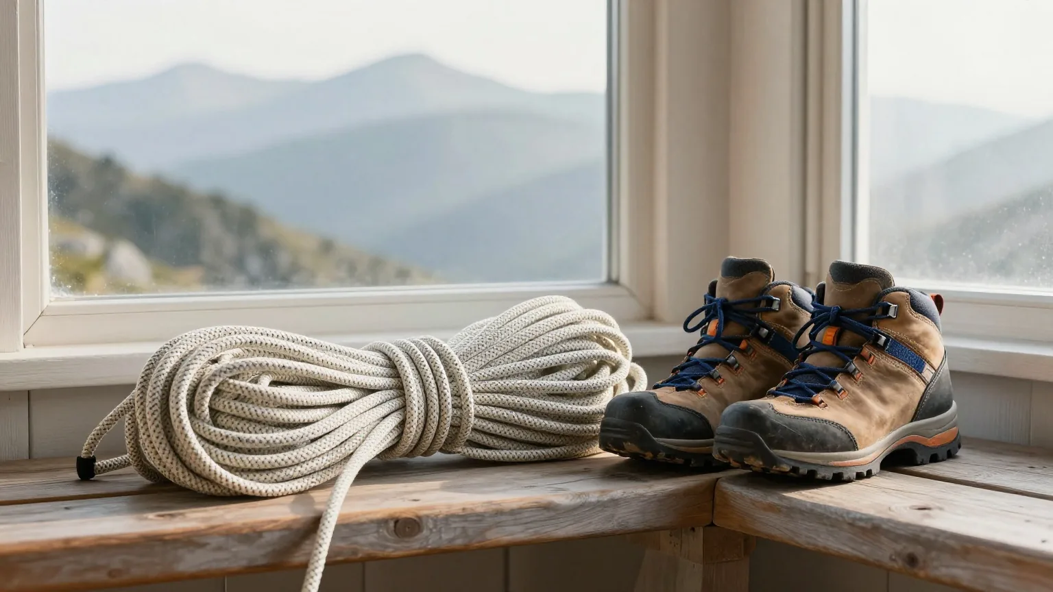 Kletterseil und abgetragene Wanderstiefel auf einer Holzbank vor einer Berghütte, kühles Morgenlicht mit leichtem Dunst über fernen Bergrücken