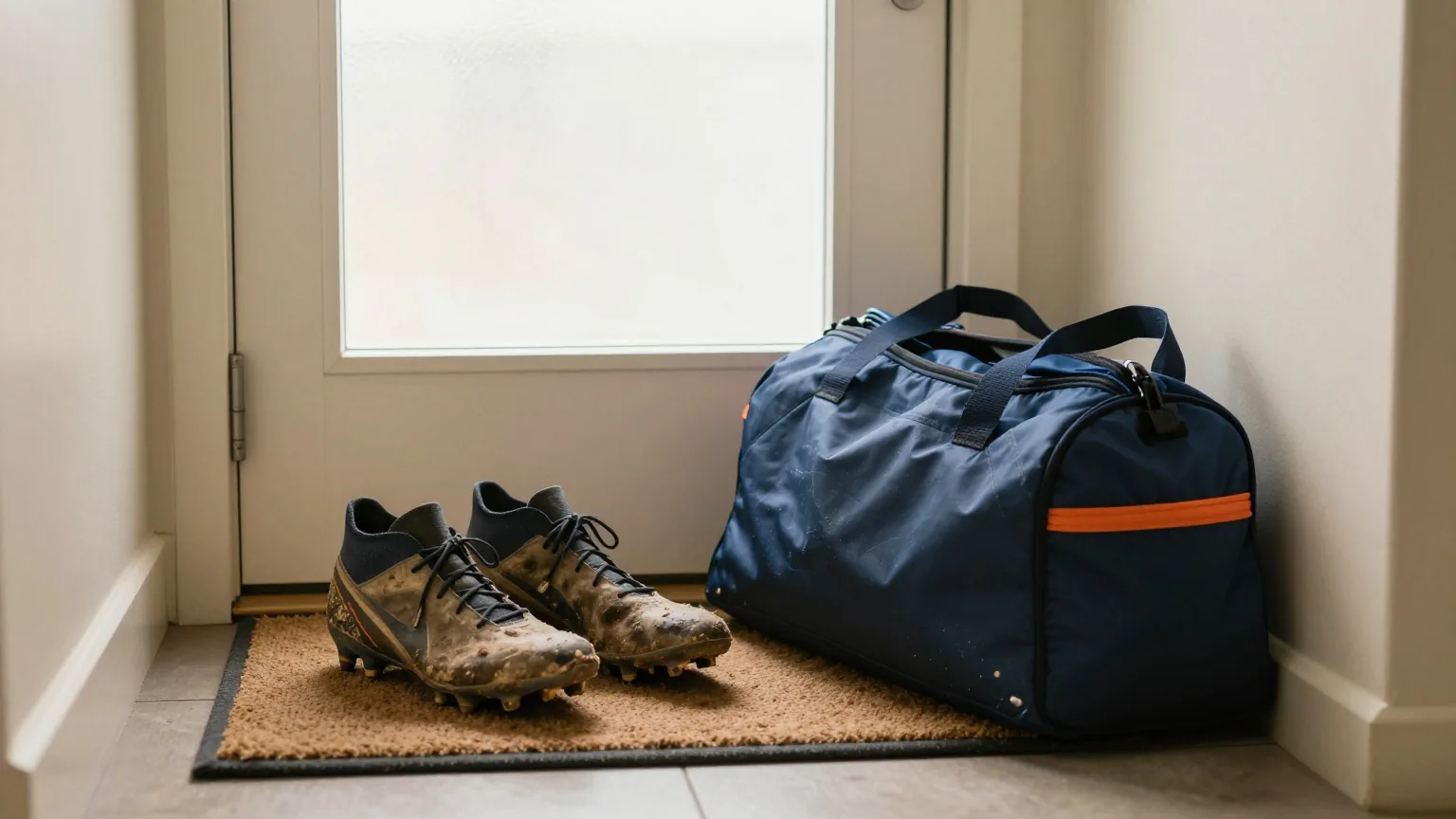 Schmutzige Fußballschuhe auf einer Fußmatte neben einer zusammengerollten Sporttasche in einem schmalen Flur, Abendlicht durch eine Milchglasscheibe