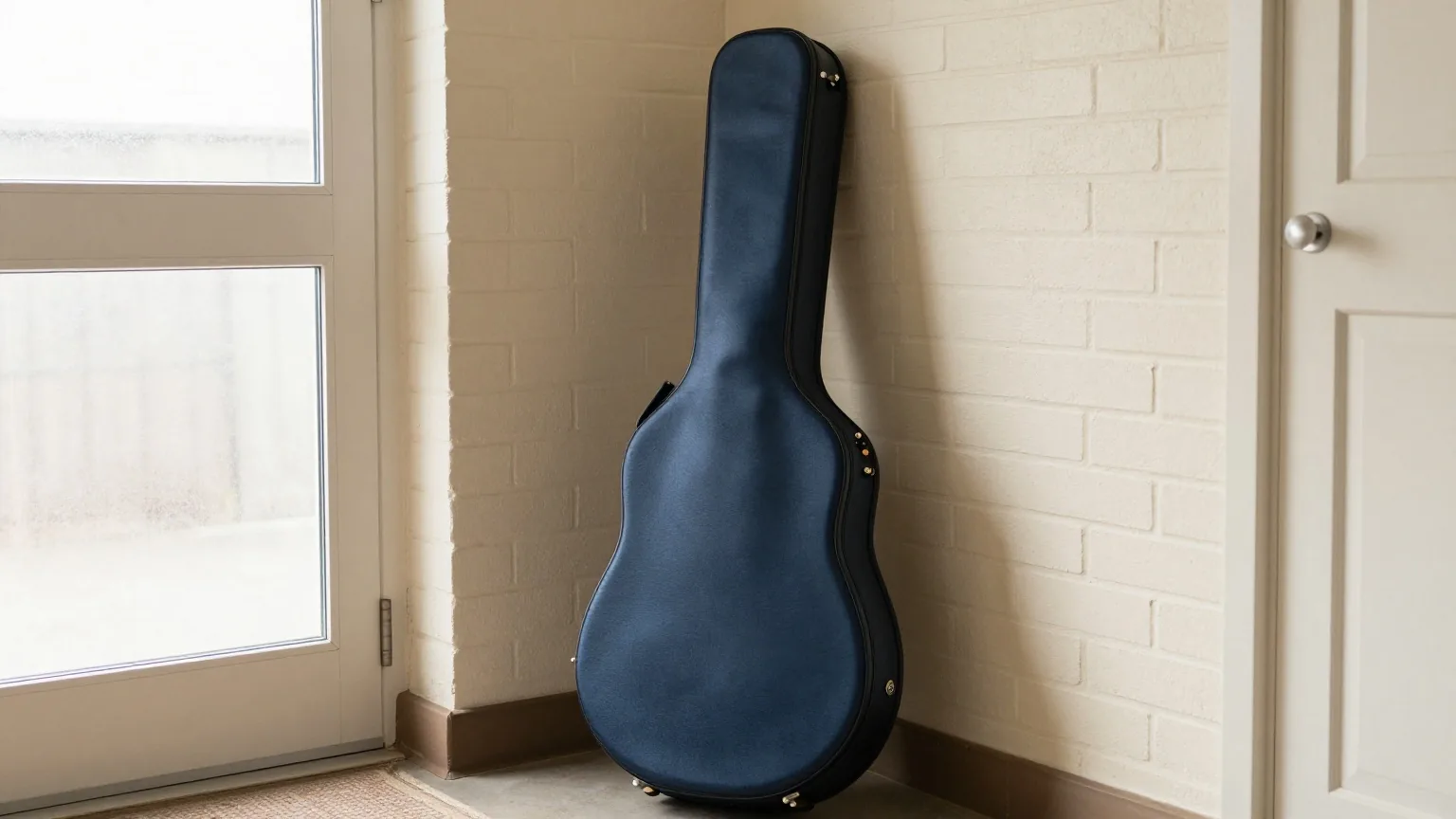 Geschlossener Gitarrenkoffer an einer Backsteinwand in einem ruhigen Flur, daneben ein Mantel an der Garderobe, Nachmittagslicht durch eine Milchglastür