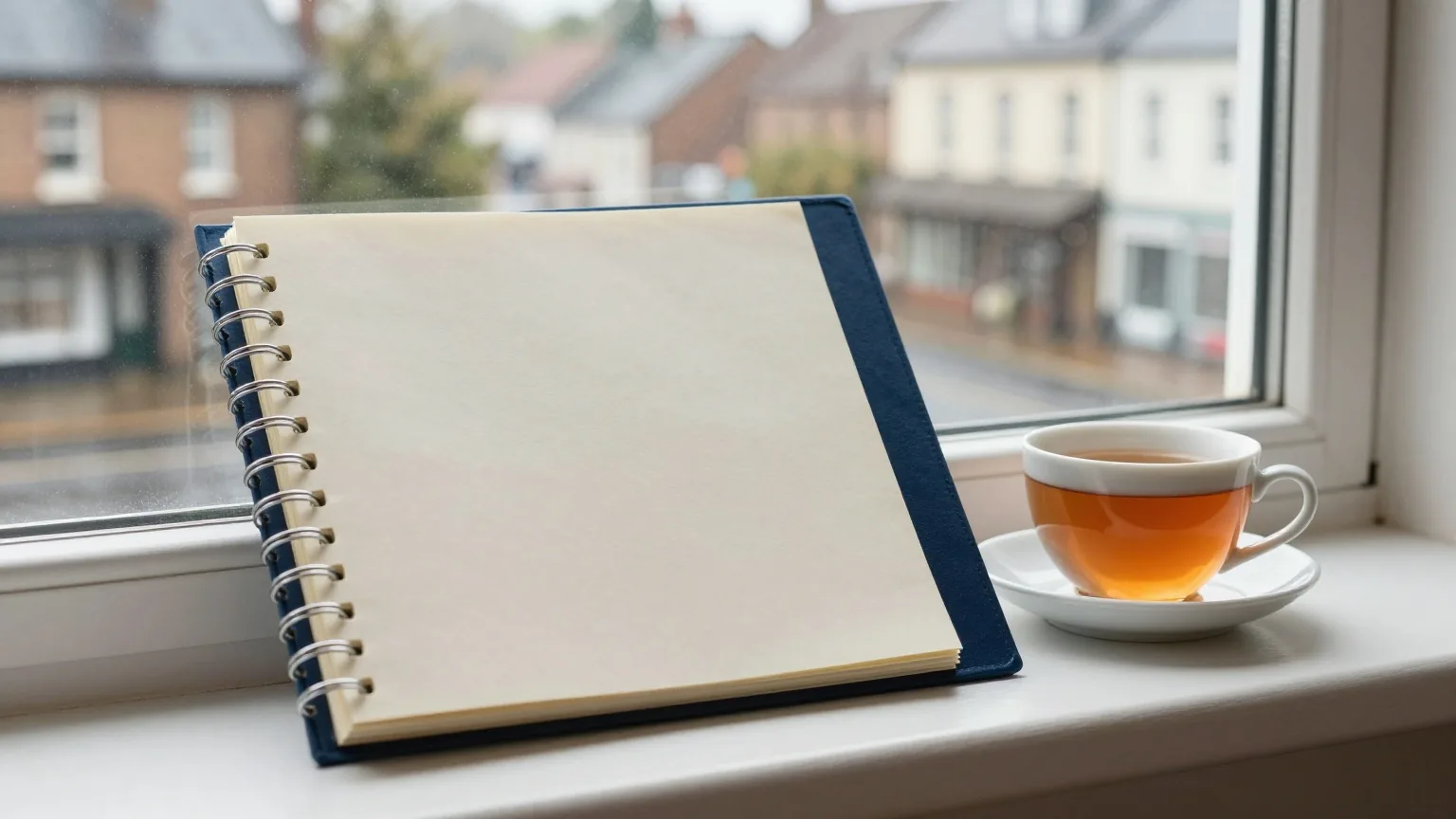 Ringordner und Teetasse auf einer Fensterbank mit Blick auf eine verregnete Kleinstadtstraße, graues Nachmittagslicht