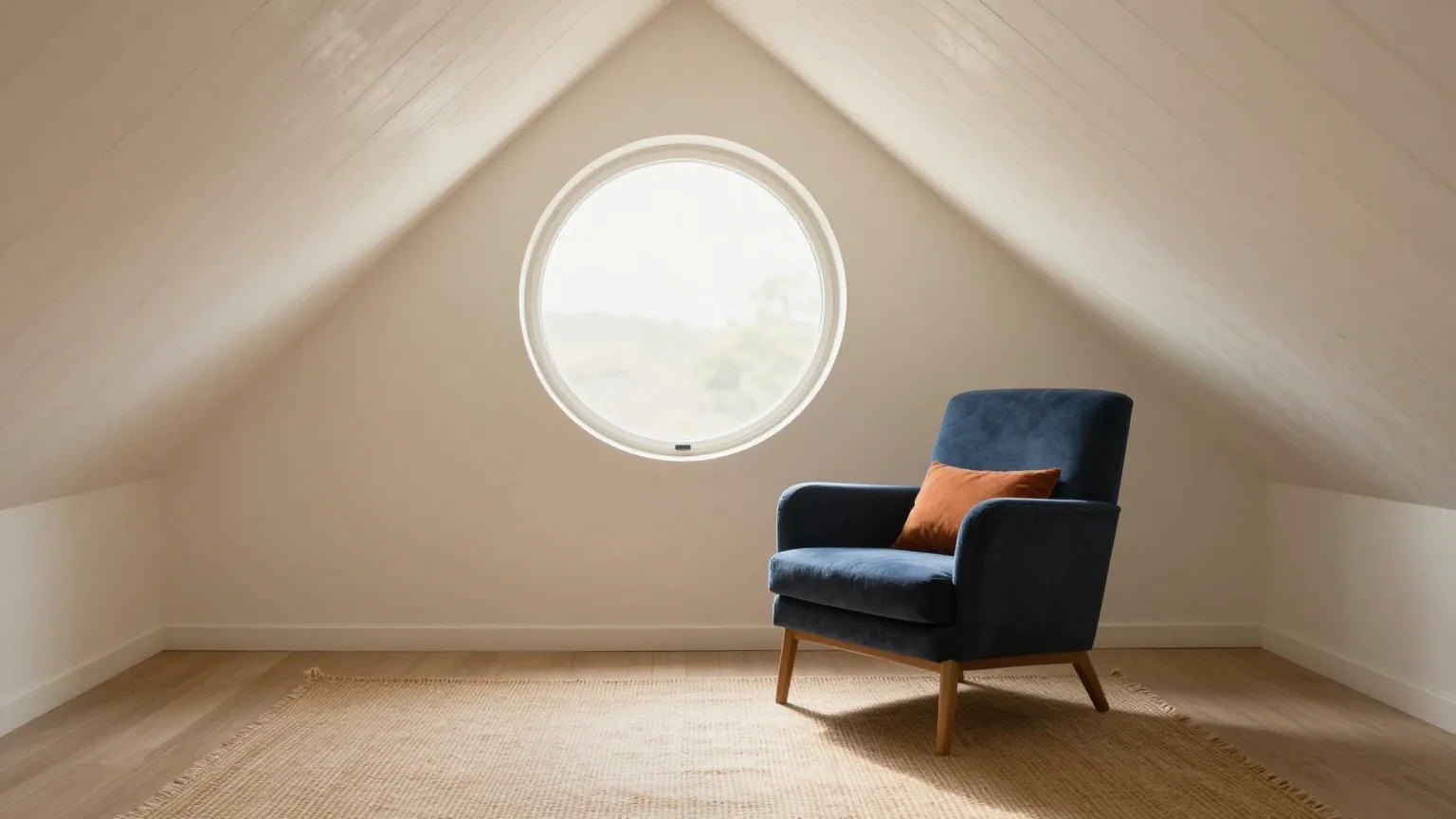 Helles Dachzimmer mit schräger Holzdecke, gewebtem Teppich und einem einzelnen Sessel vor einem runden Fenster, weiches Morgenlicht