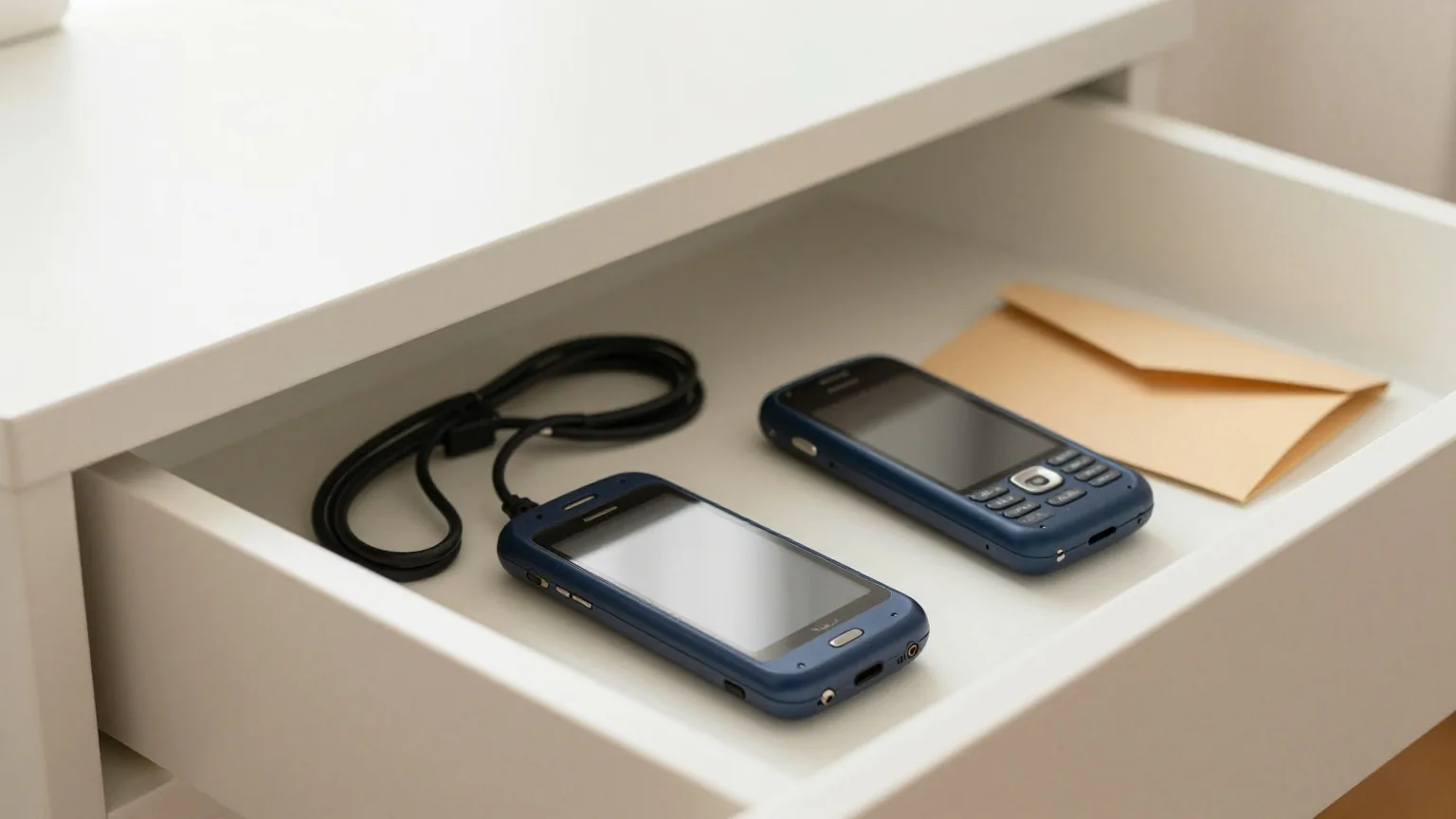 Geöffnete Schreibtischschublade von oben mit alten Handys mit dunklem Display, aufgerollten Ladekabeln und leeren SIM-Kartenhaltern, neutrales Tageslicht