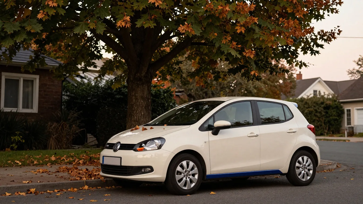 Kleinwagen unter einer großen Kastanie in einer ruhigen Wohnstraße in der Abenddämmerung, Herbstlaub auf der Motorhaube