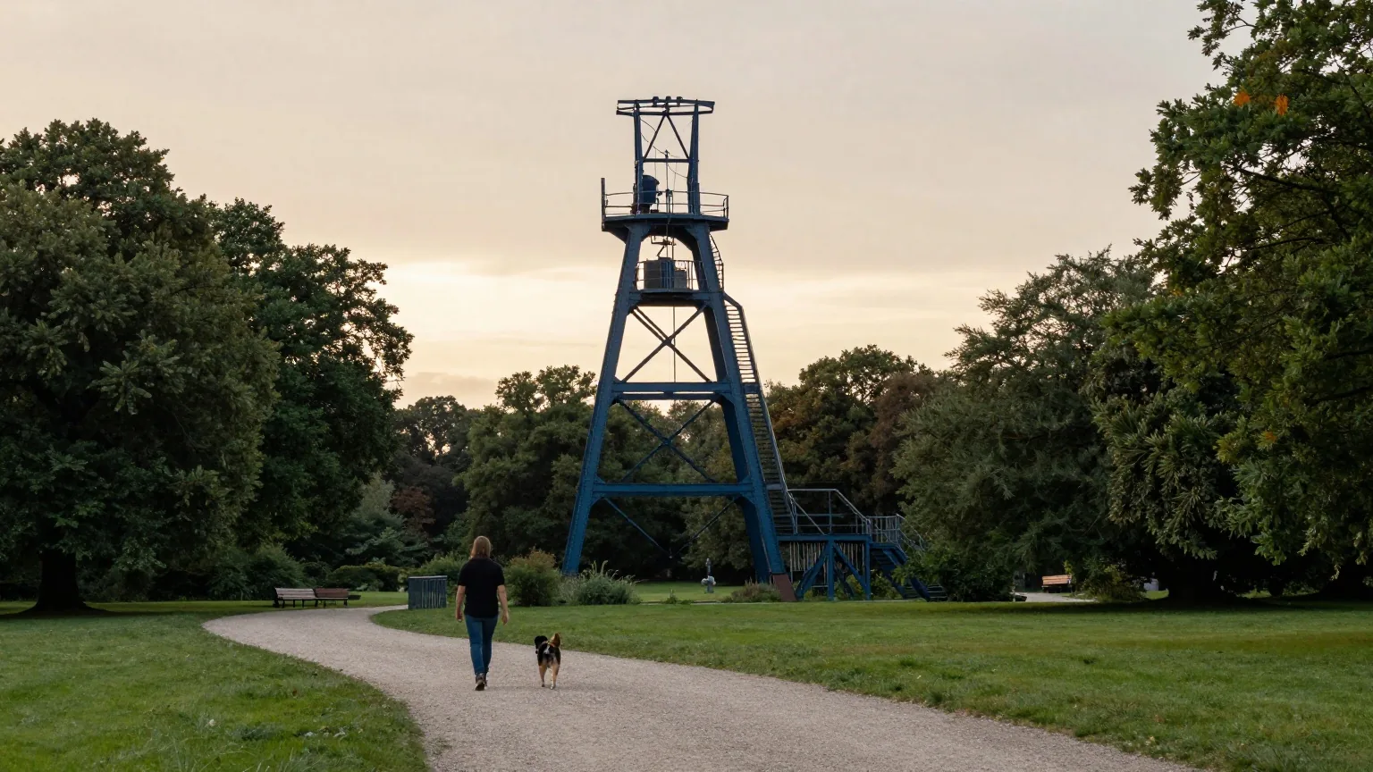 Alter stählerner Förderturm in einem grünen Park bei Sonnenuntergang, eine Person mit Hund auf einem Kiesweg von hinten