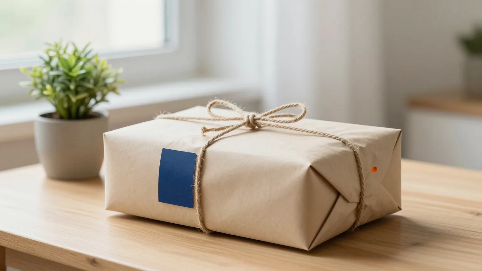Schlichtes braunes Paket mit Schnur auf einem Holztisch neben einer kleinen Topfpflanze, weiches Fensterlicht