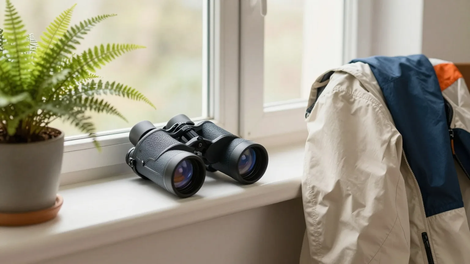 Fernglas auf einer Fensterbank neben einem Farn, dahinter eine Wanderjacke über einer Stuhllehne
