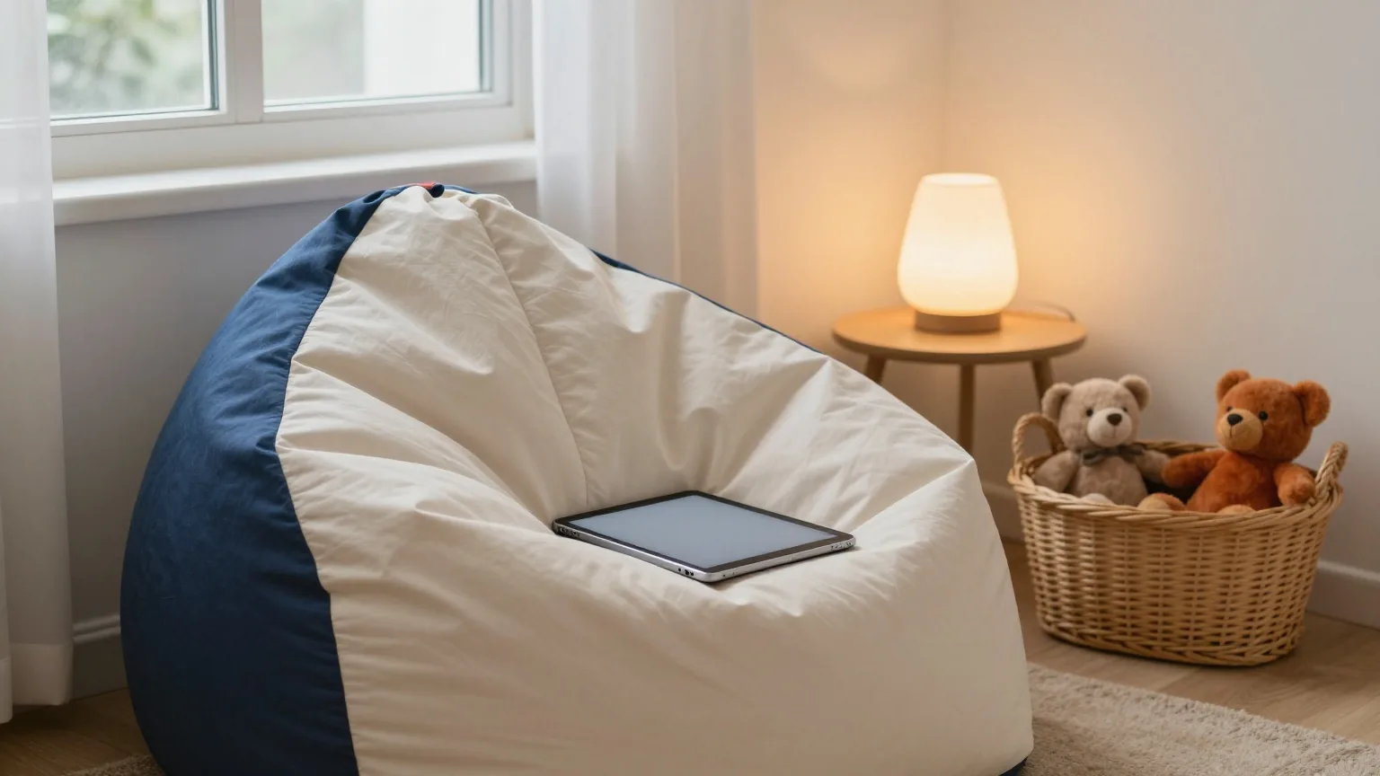 Sitzsack mit kleiner Leselampe in der Ecke eines Kinderzimmers in der Dämmerung, darauf ein umgedrehtes Tablet, Spielzeug in einem Weidenkorb