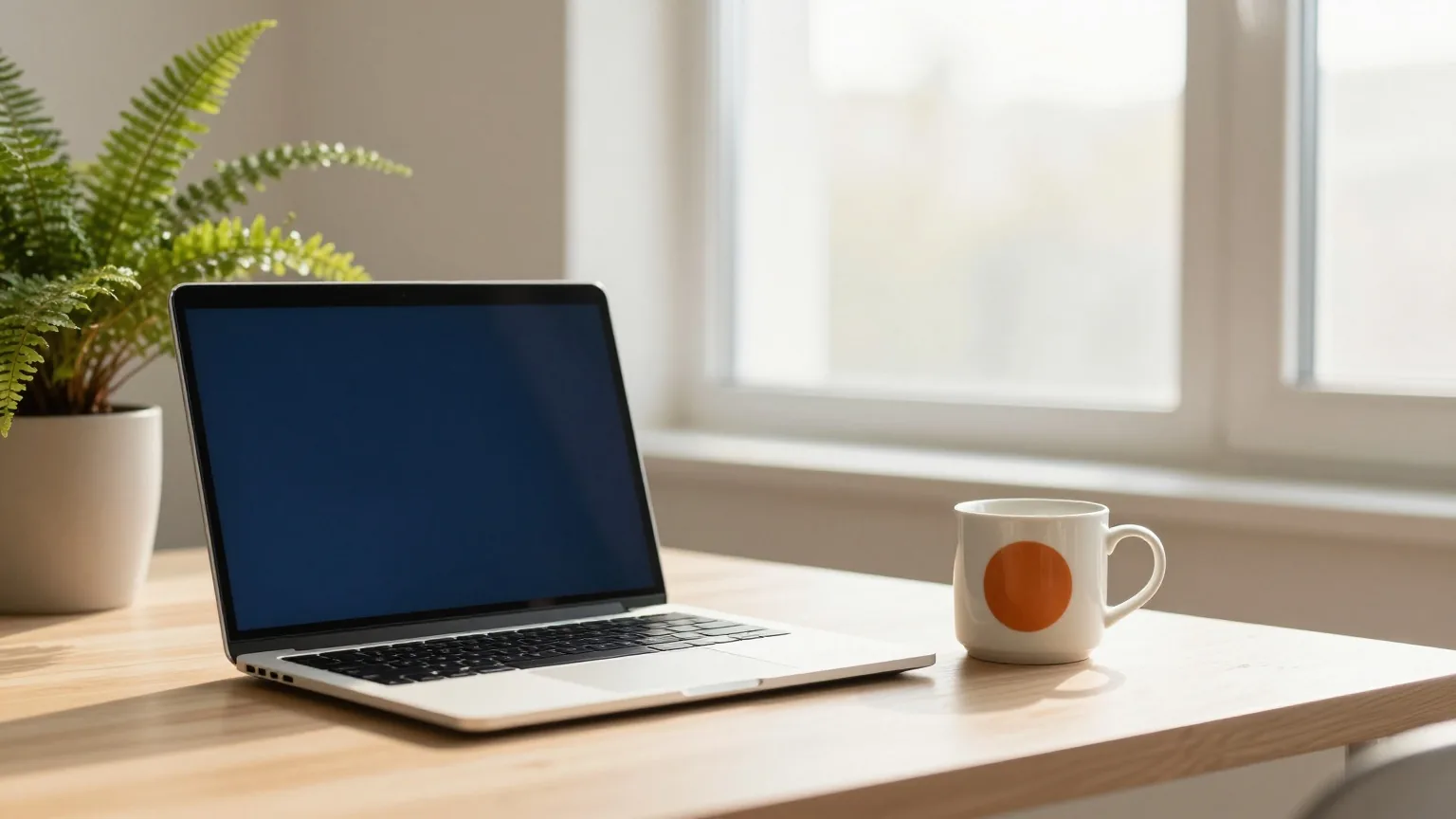 Zugeklappter Laptop und Keramiktasse auf einem hellen Eichenschreibtisch neben einem Farn, weiches Nachmittagslicht aus einem hohen Fenster